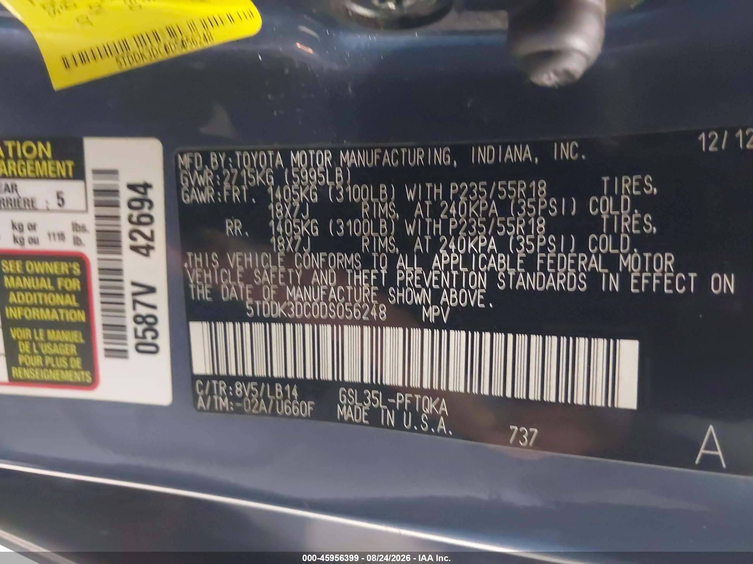 2013 Toyota Sienna Xle 7 Passenger Light Blue vin: 5TDDK3DC0DS056248