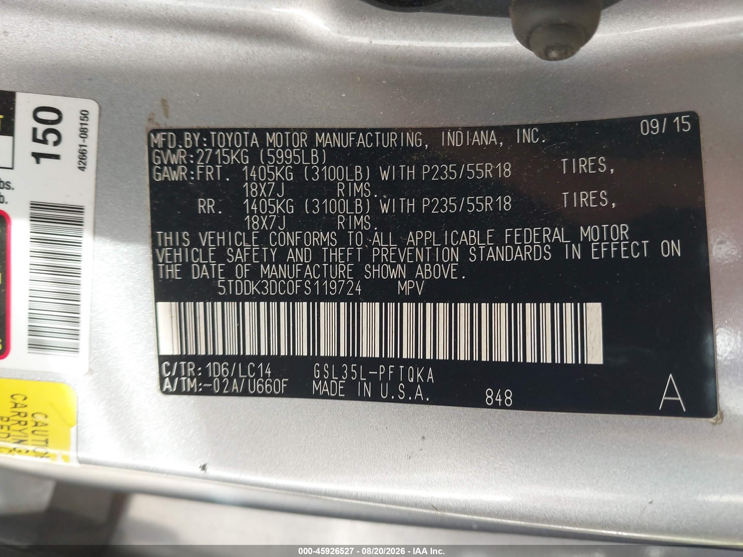 2015 Toyota Sienna Xle 7 Passenger Silver vin: 5TDDK3DC0FS119724
