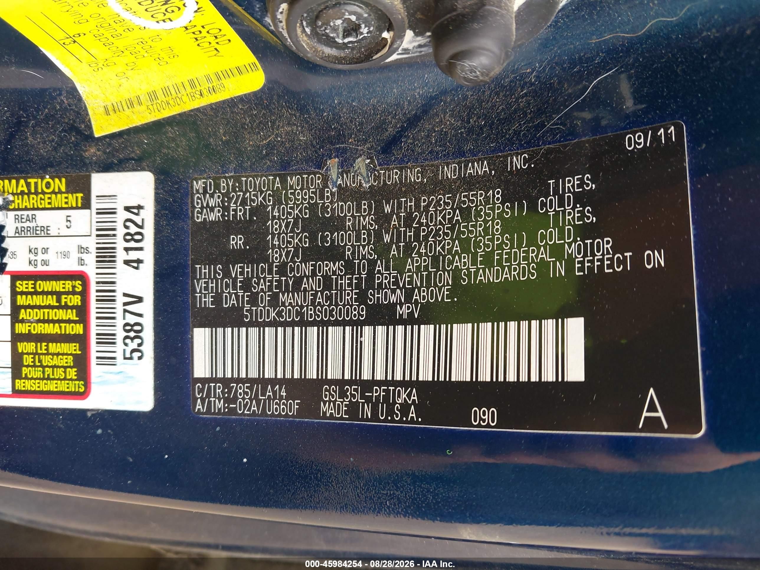2011 Toyota Sienna Limited Dark Blue vin: 5TDDK3DC1BS030089