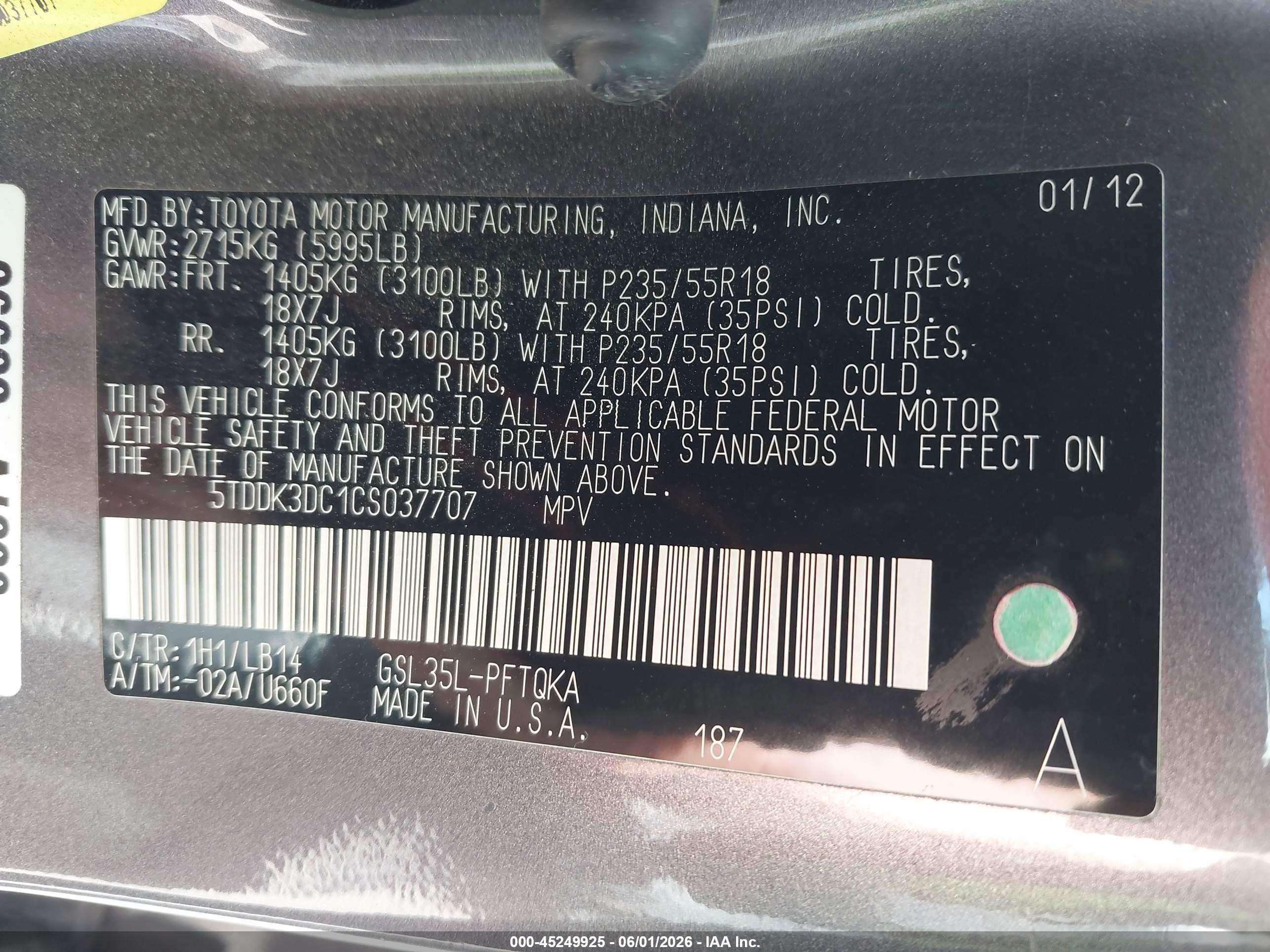 2012 Toyota Sienna Xle 7 Passenger Gray vin: 5TDDK3DC1CS037707