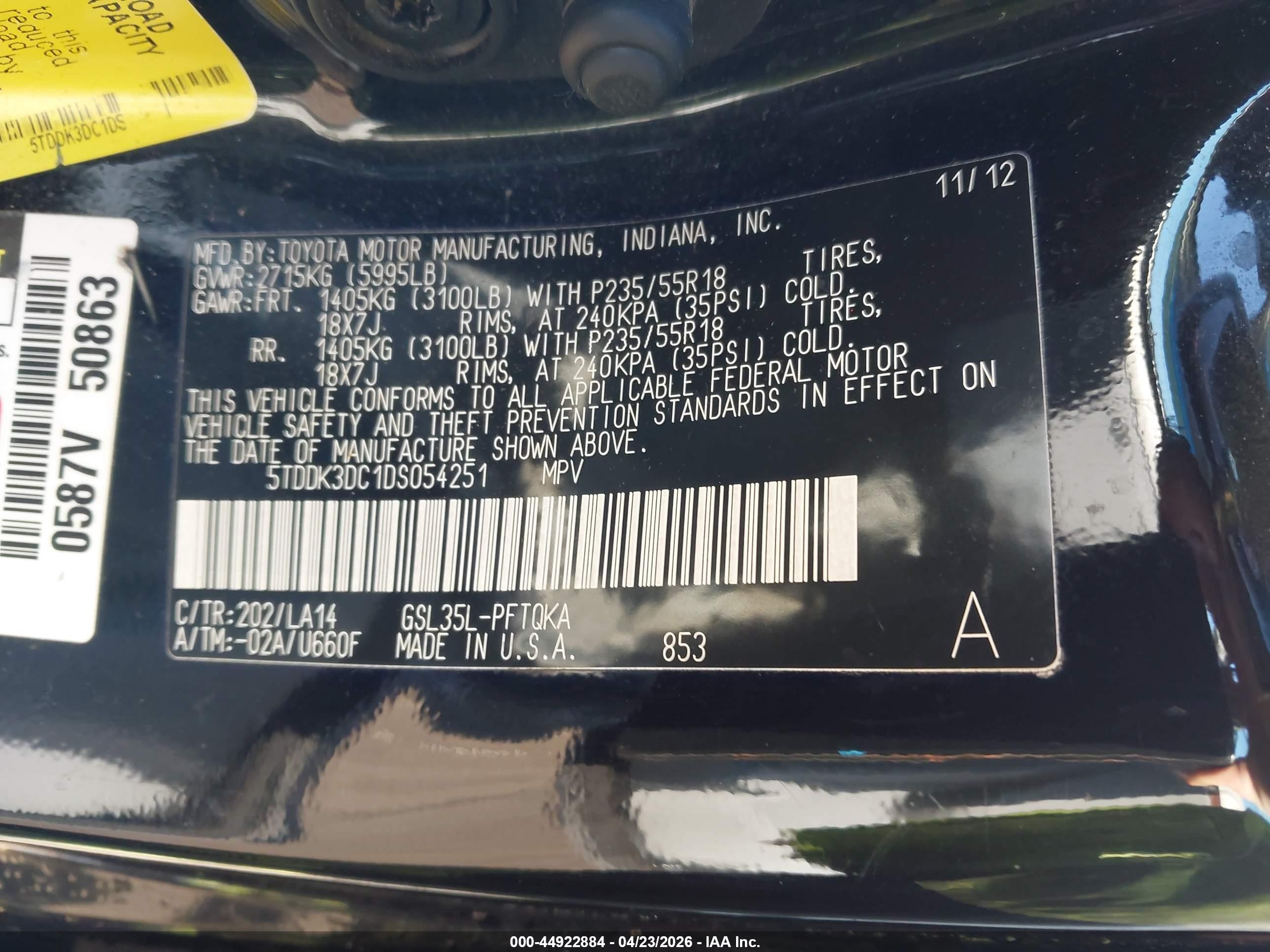 2013 Toyota Sienna Limited 7 Passenger Black vin: 5TDDK3DC1DS054251
