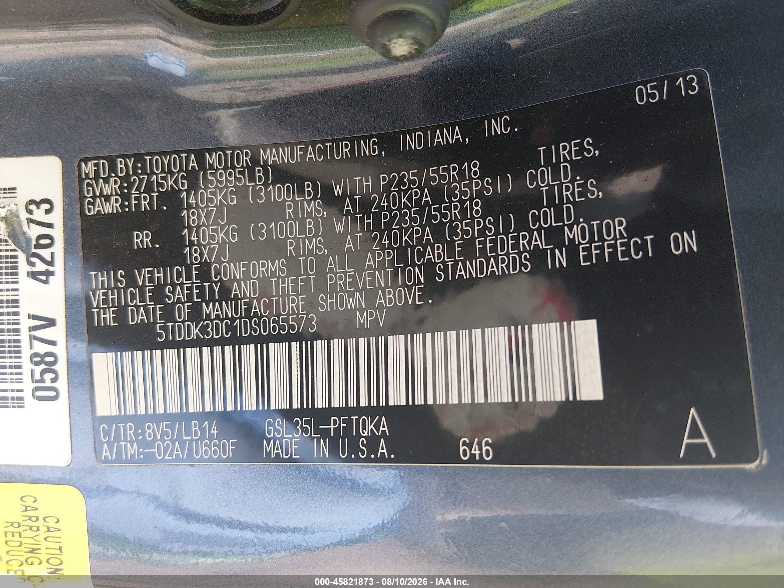 2013 Toyota Sienna Xle 7 Passenger Light Blue vin: 5TDDK3DC1DS065573