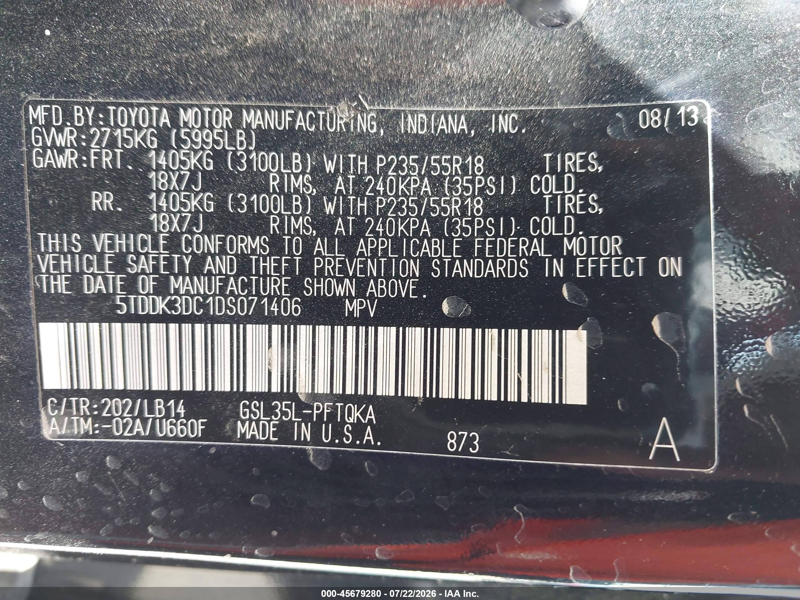 2013 Toyota Sienna Xle 7 Passenger Black vin: 5TDDK3DC1DS071406
