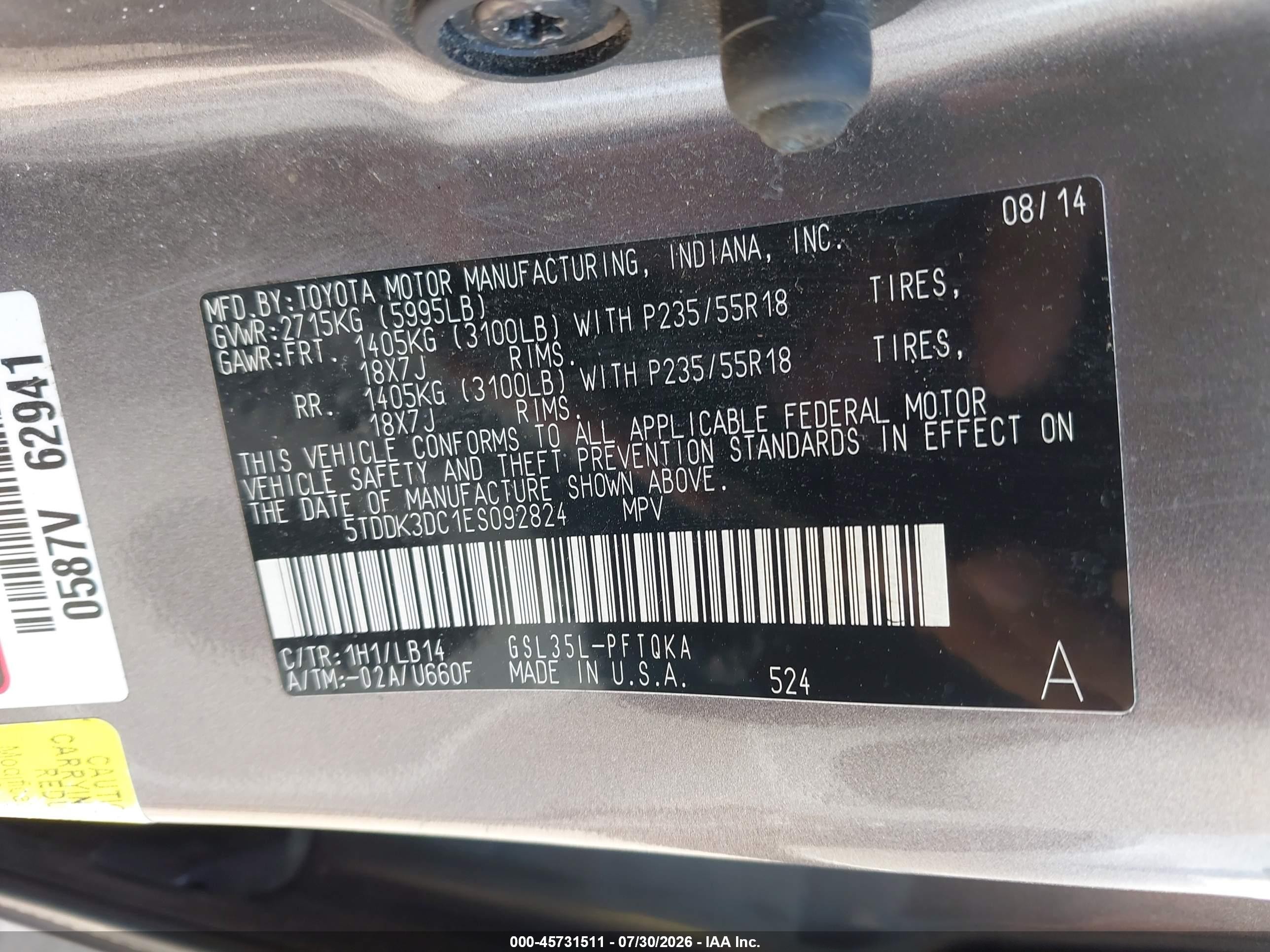2014 Toyota Sienna Xle 7 Passenger Gray vin: 5TDDK3DC1ES092824