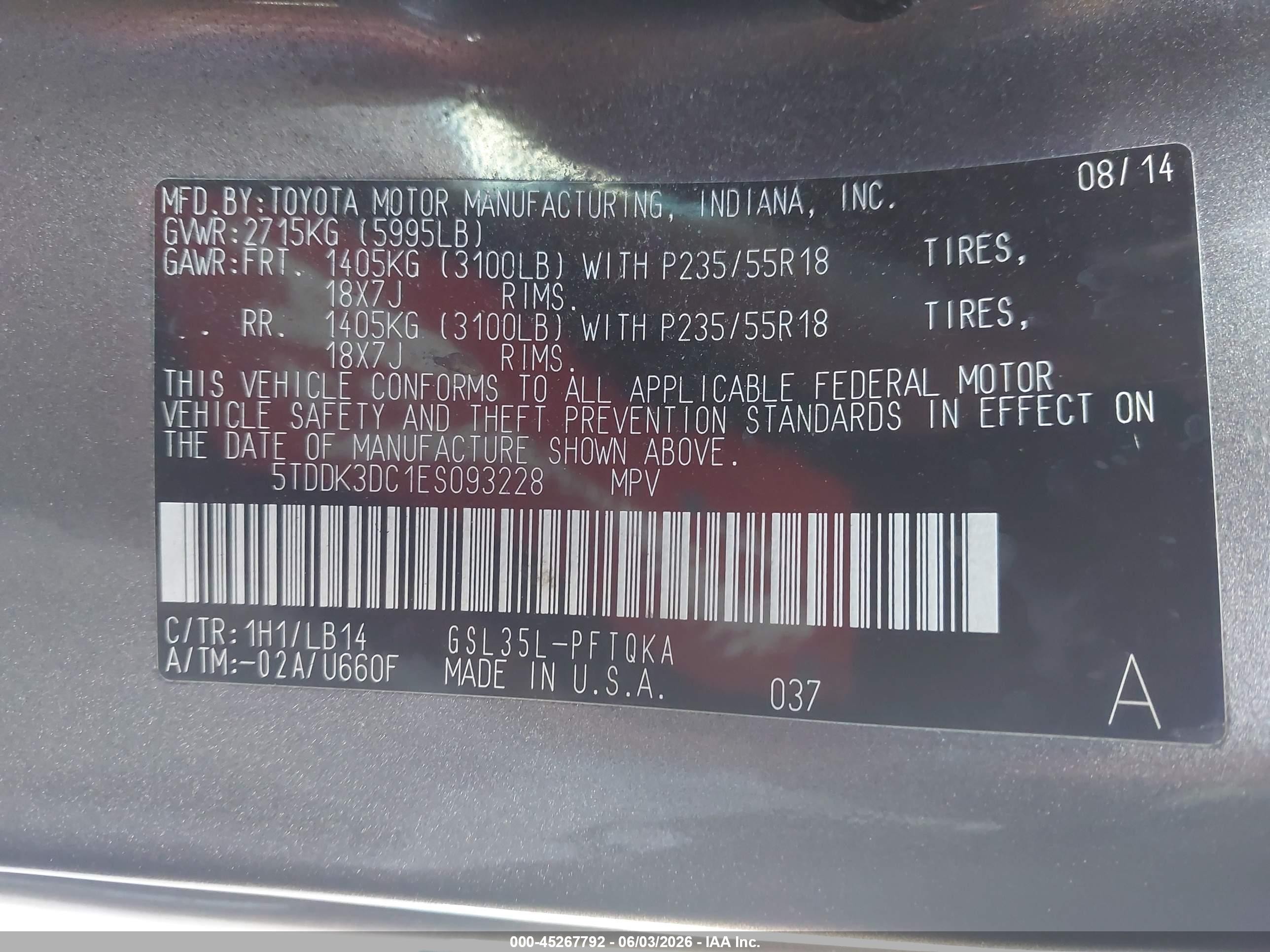 2014 Toyota Sienna Xle 7 Passenger Gray vin: 5TDDK3DC1ES093228