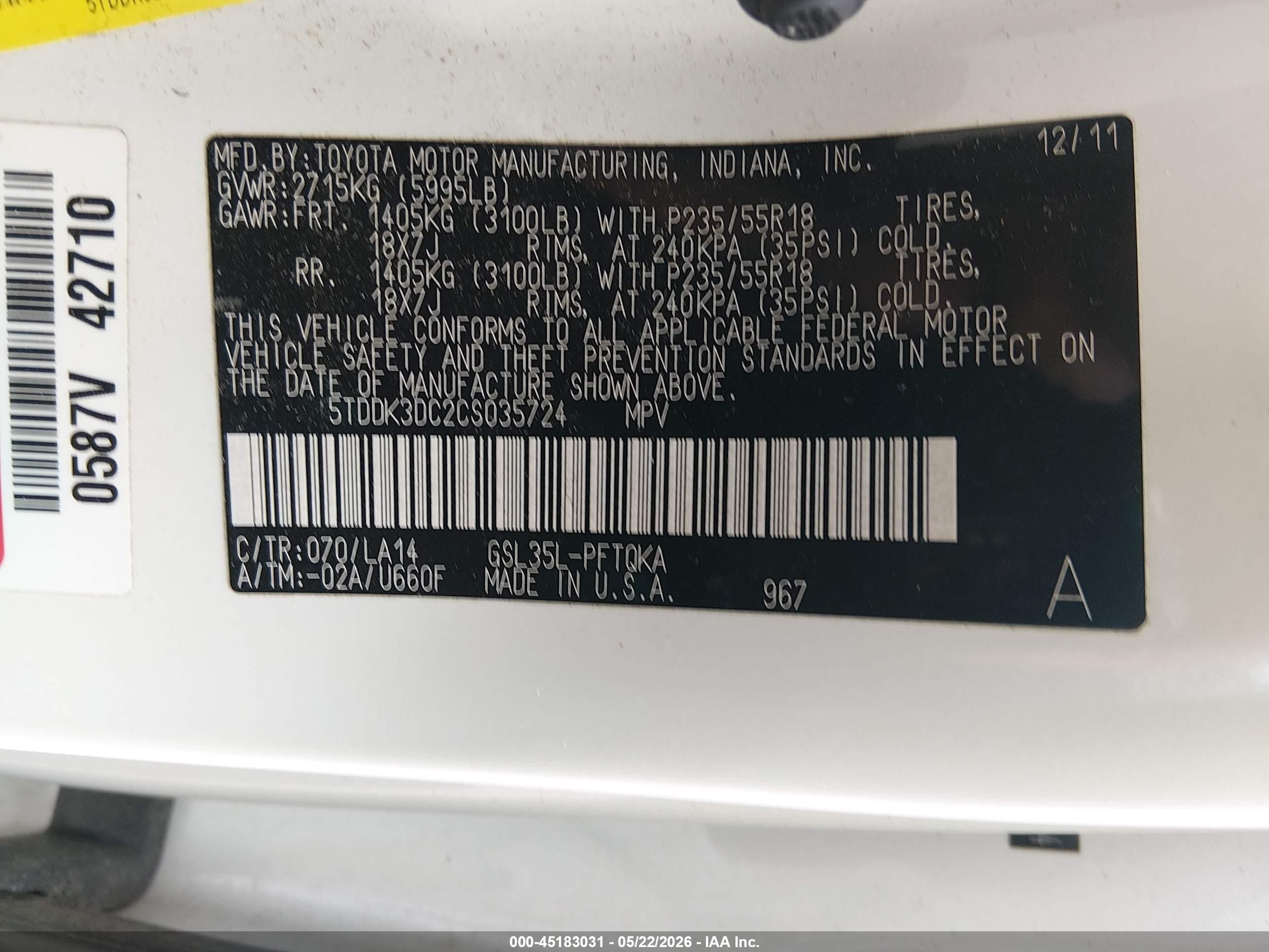 2012 Toyota Sienna Limited 7 Passenger White vin: 5TDDK3DC2CS035724