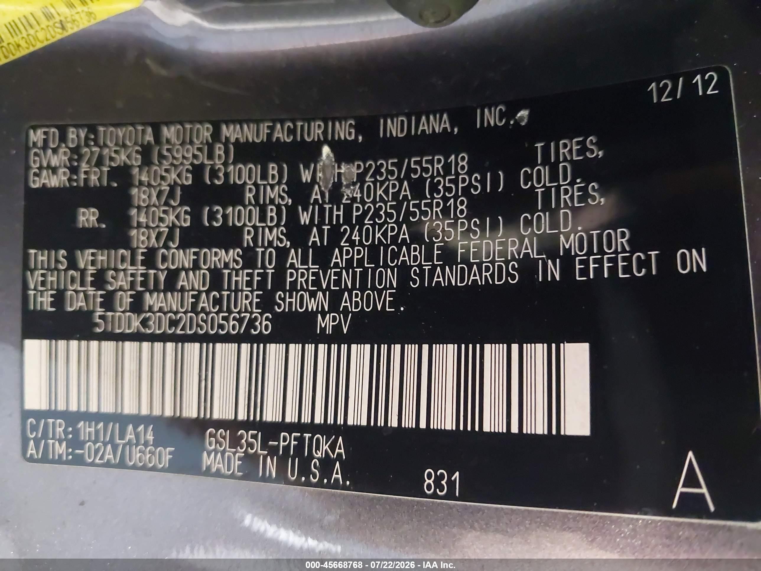 2013 Toyota Sienna Limited 7 Passenger Gray vin: 5TDDK3DC2DS056736