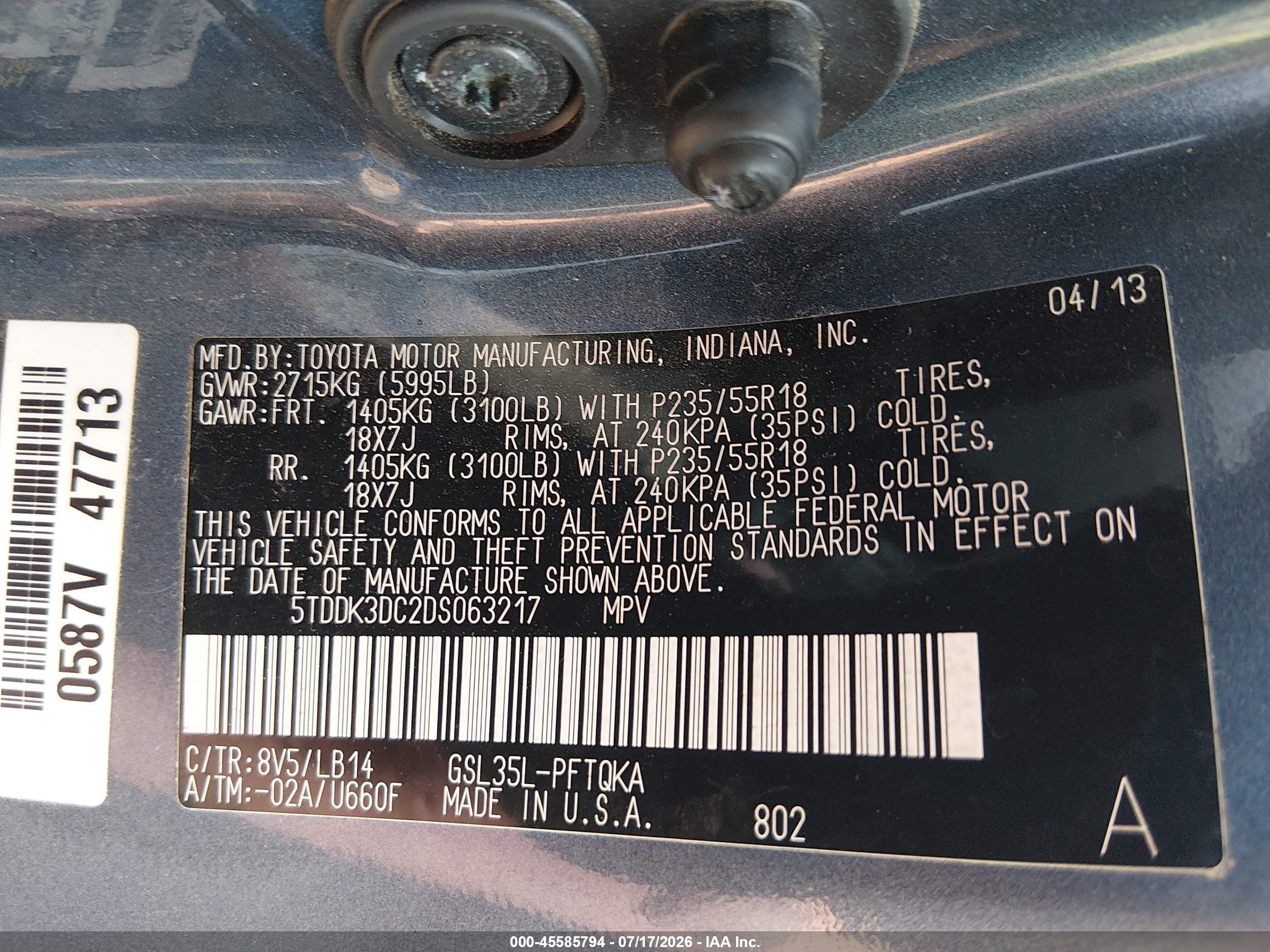 2013 Toyota Sienna Xle 7 Passenger Light Blue vin: 5TDDK3DC2DS063217