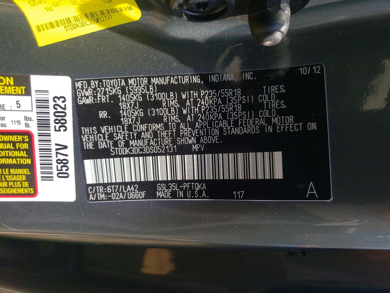 2013 Toyota Sienna Limited 7-passenger Green vin: 5TDDK3DC3DS052131