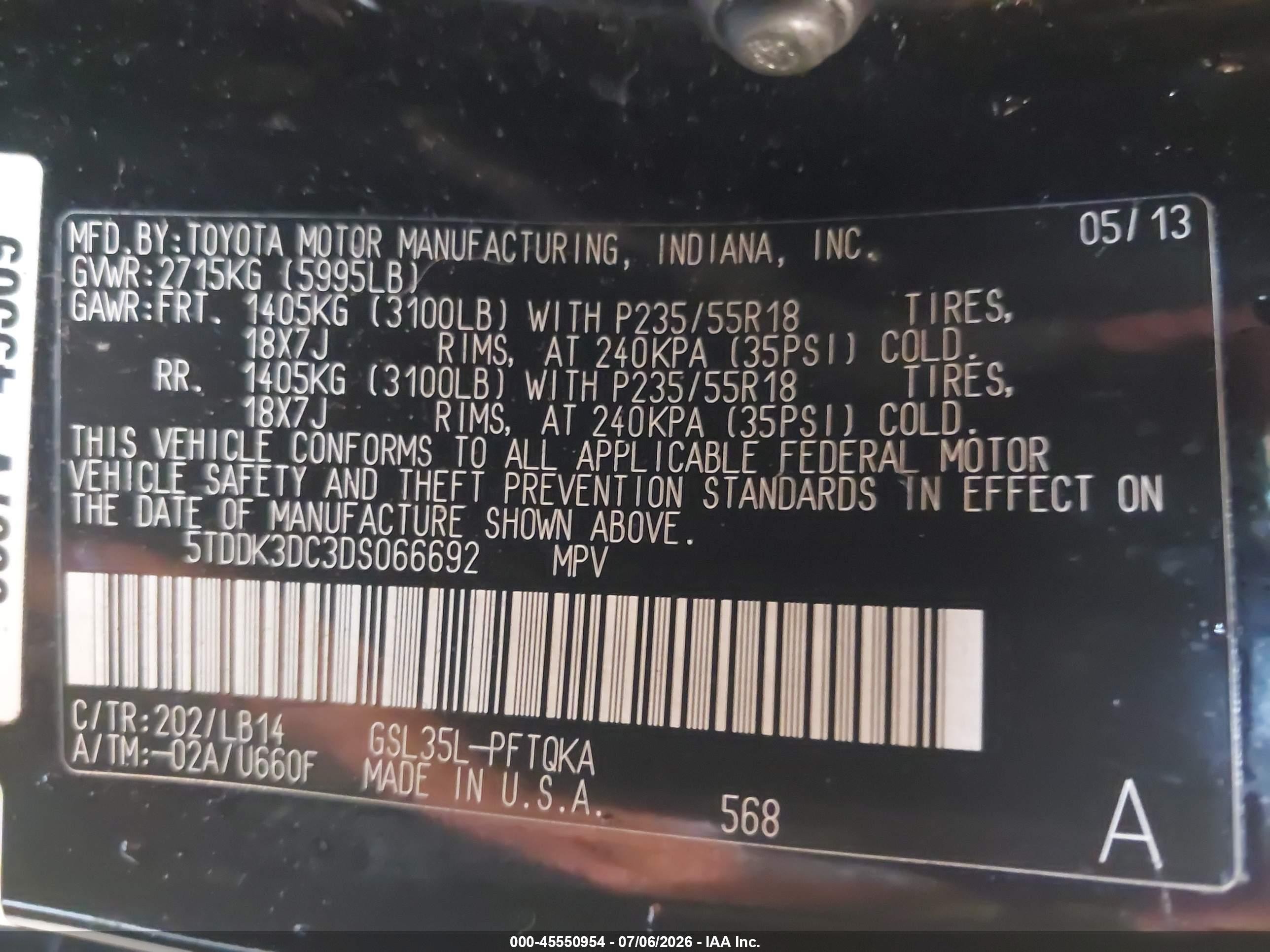 2013 Toyota Sienna Xle 7 Passenger Black vin: 5TDDK3DC3DS066692