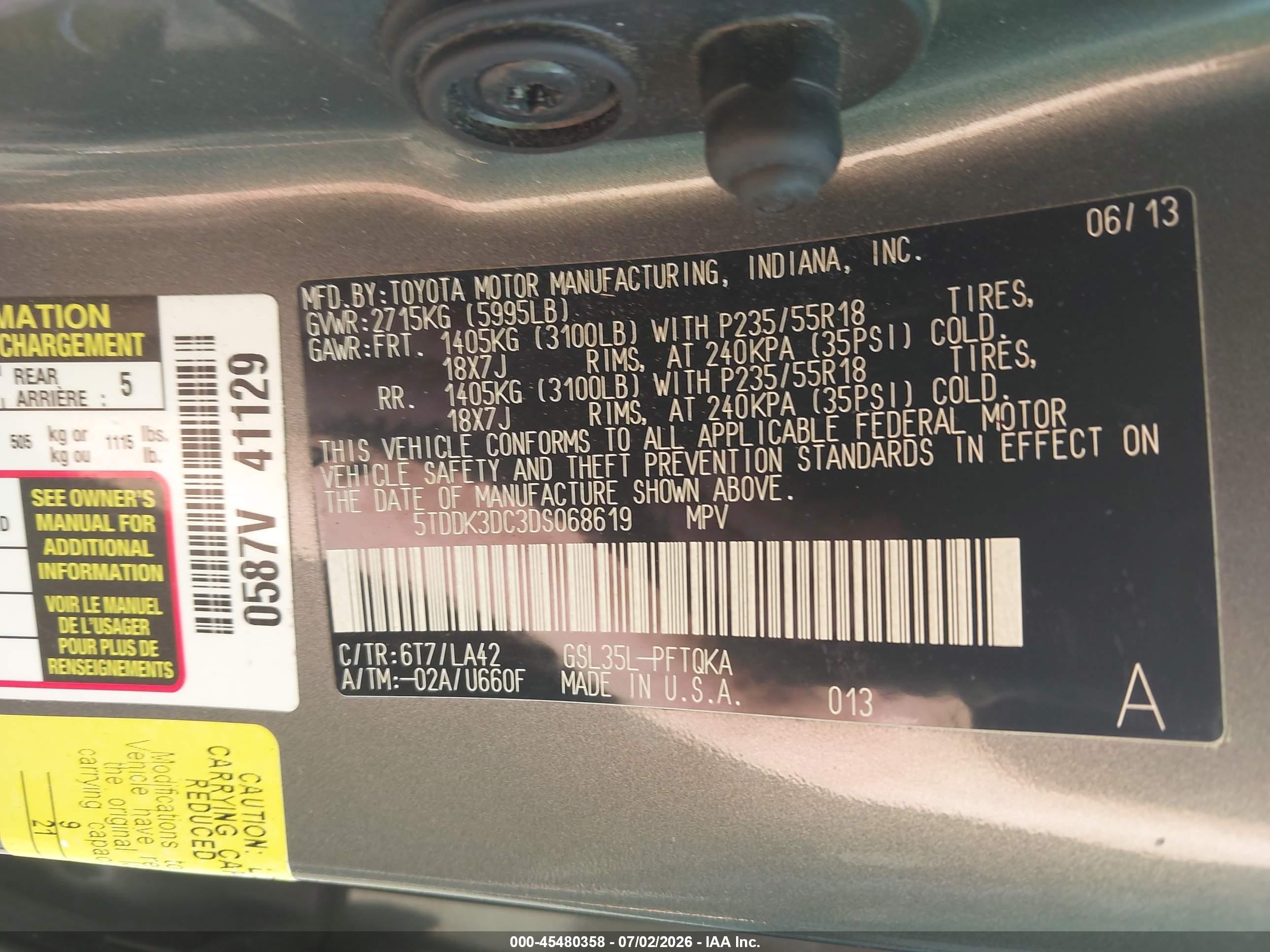 2013 Toyota Sienna Limited 7 Passenger Gray vin: 5TDDK3DC3DS068619