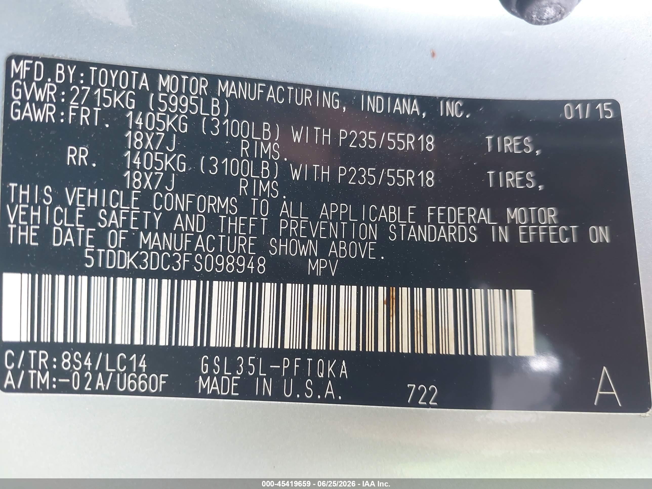 2015 Toyota Sienna Xle Premium 7 Passenger Light Blue vin: 5TDDK3DC3FS098948