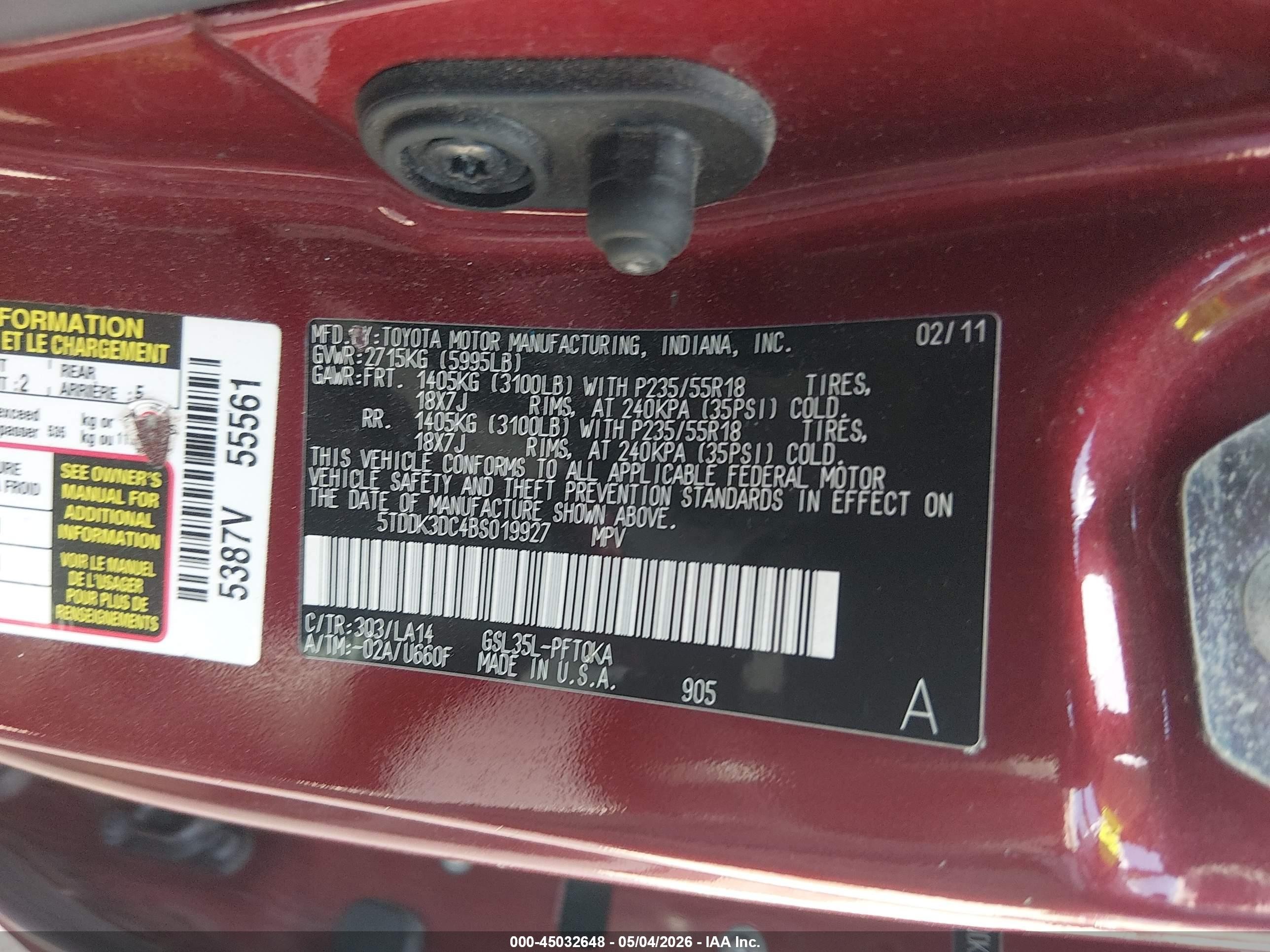 2011 Toyota Sienna Limited Red vin: 5TDDK3DC4BS019927
