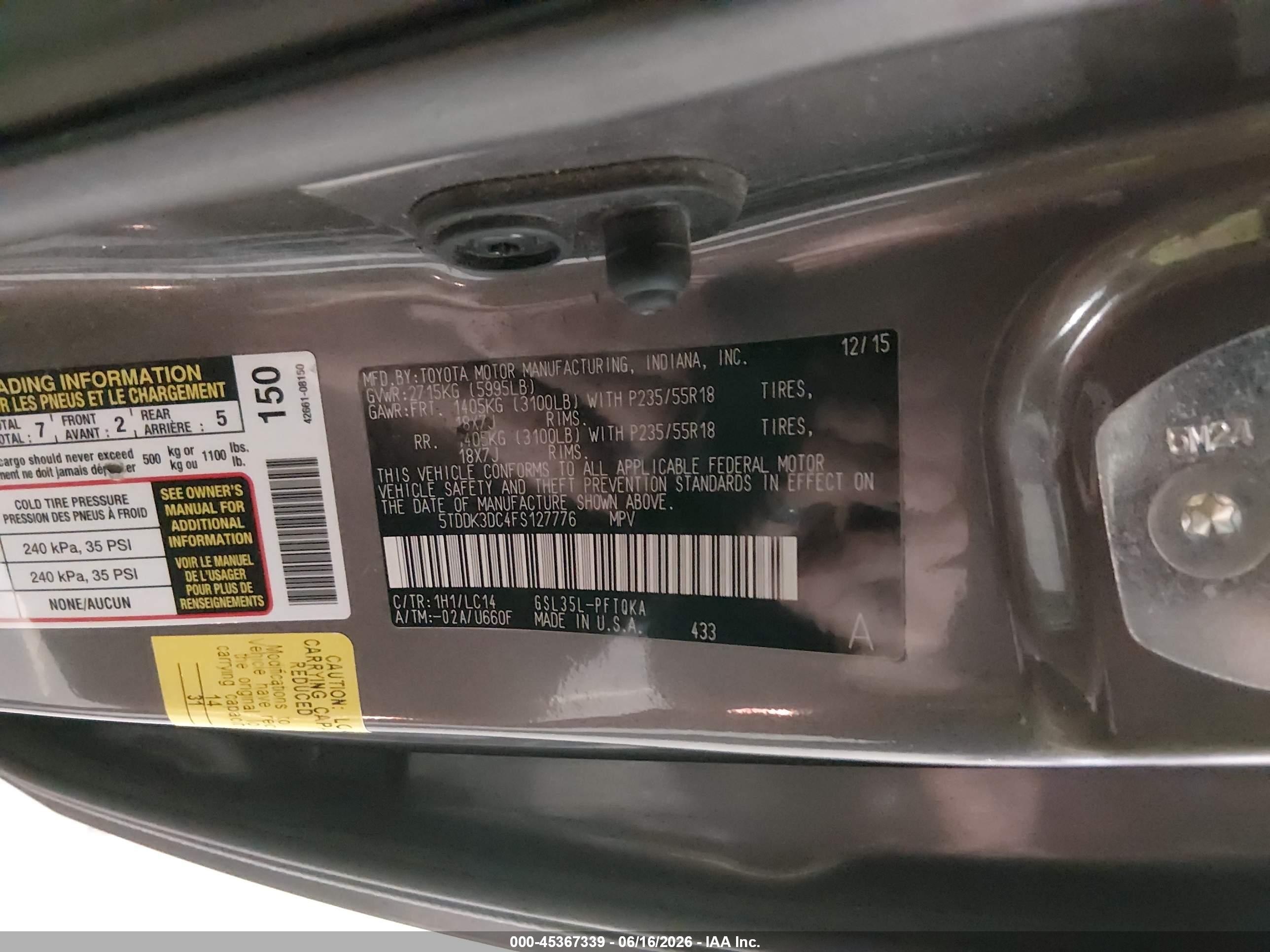 2015 Toyota Sienna Xle Premium 7 Passenger Gray vin: 5TDDK3DC4FS127776