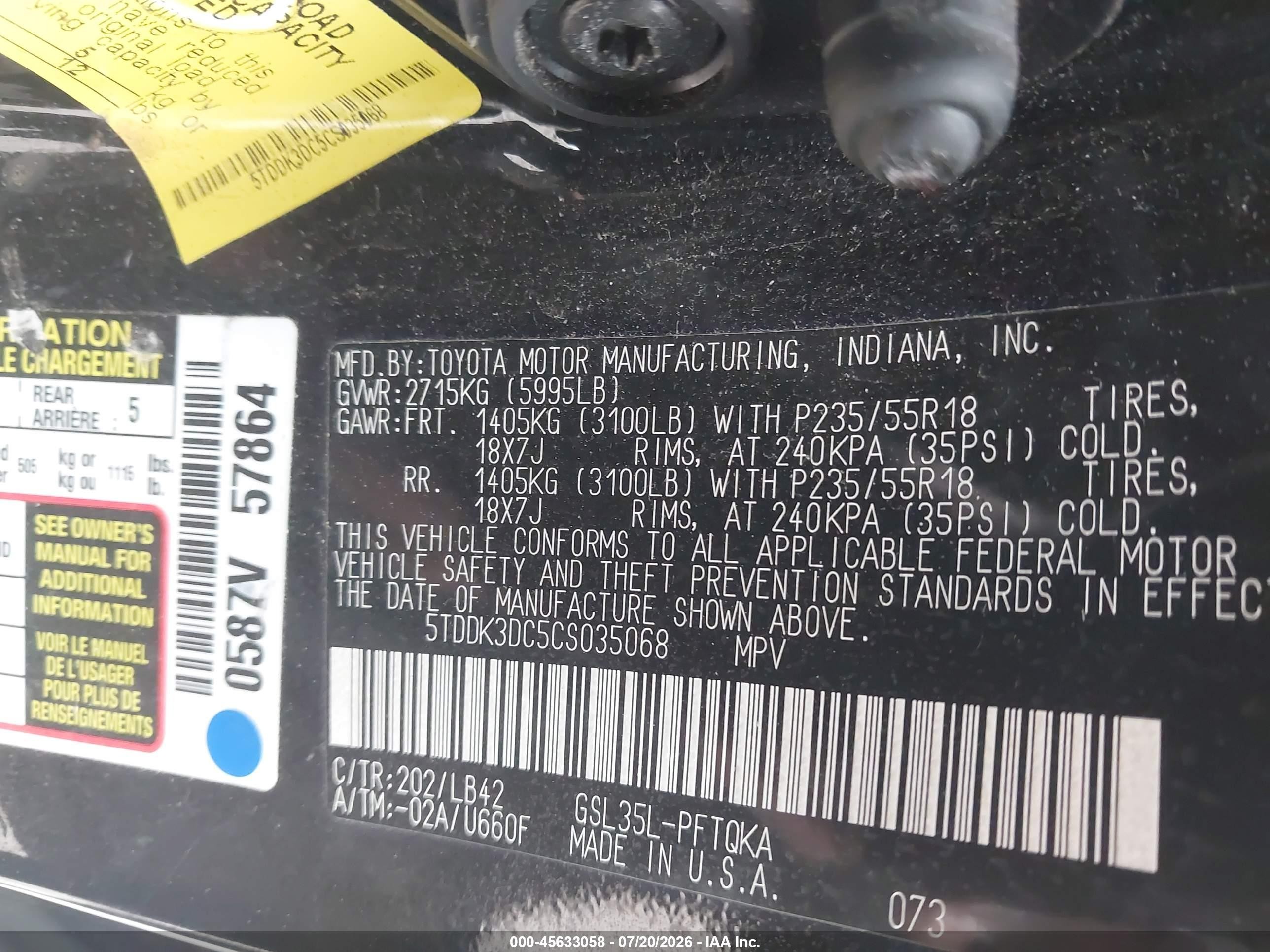 2012 Toyota Sienna Xle 7 Passenger Black vin: 5TDDK3DC5CS035068