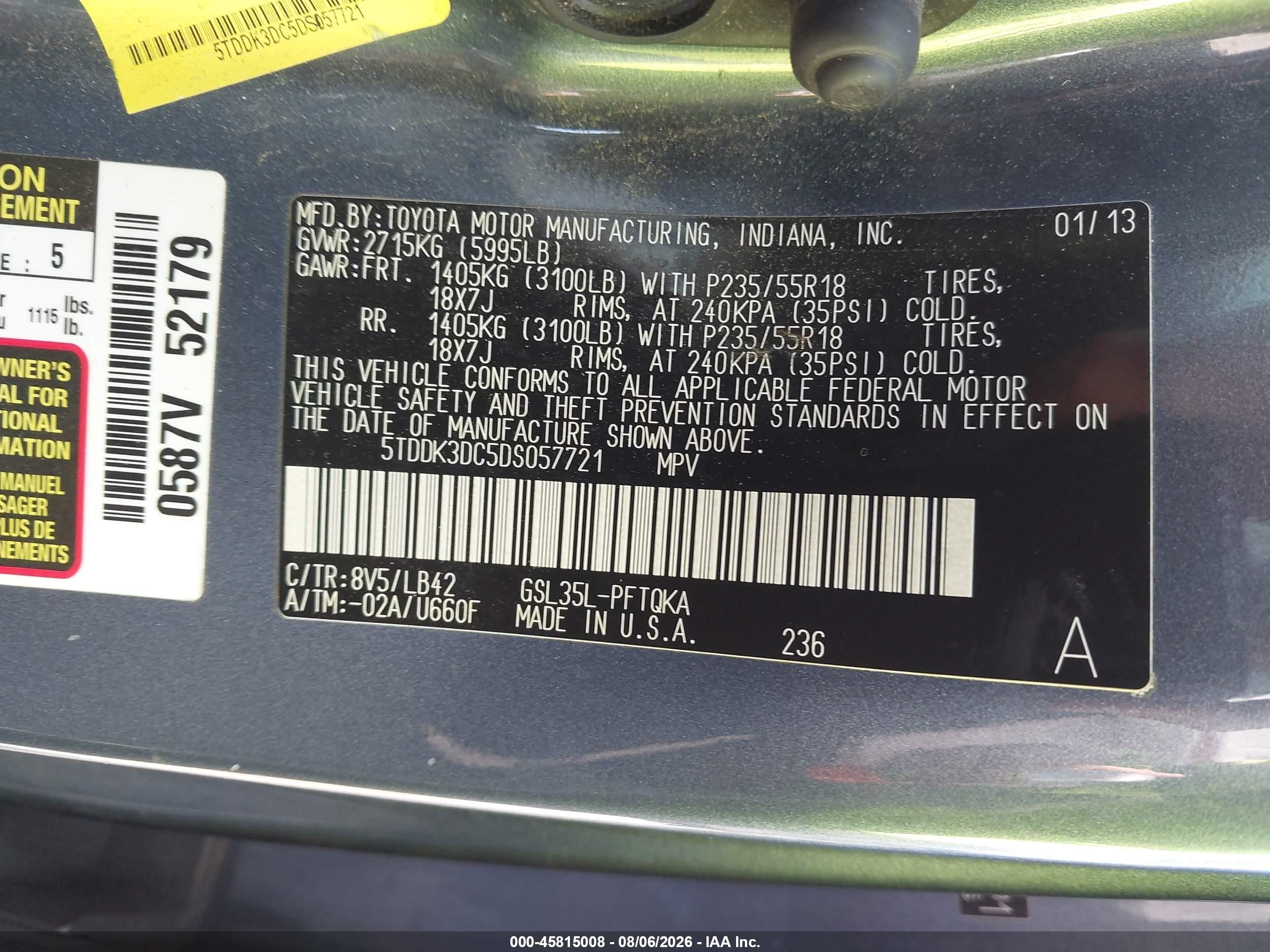 2013 Toyota Sienna Xle 7 Passenger Blue vin: 5TDDK3DC5DS057721