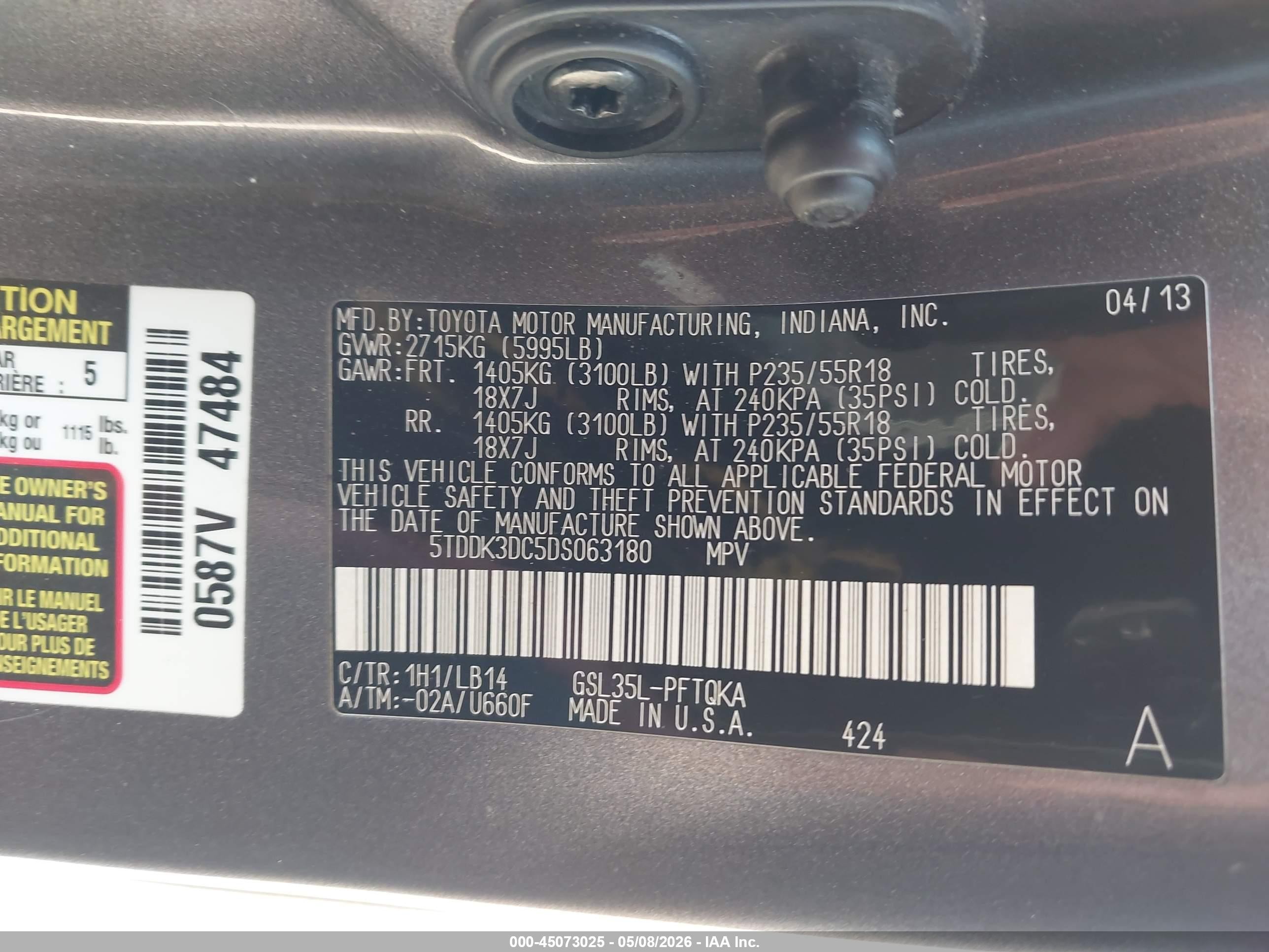 2013 Toyota Sienna Xle 7 Passenger Gray vin: 5TDDK3DC5DS063180