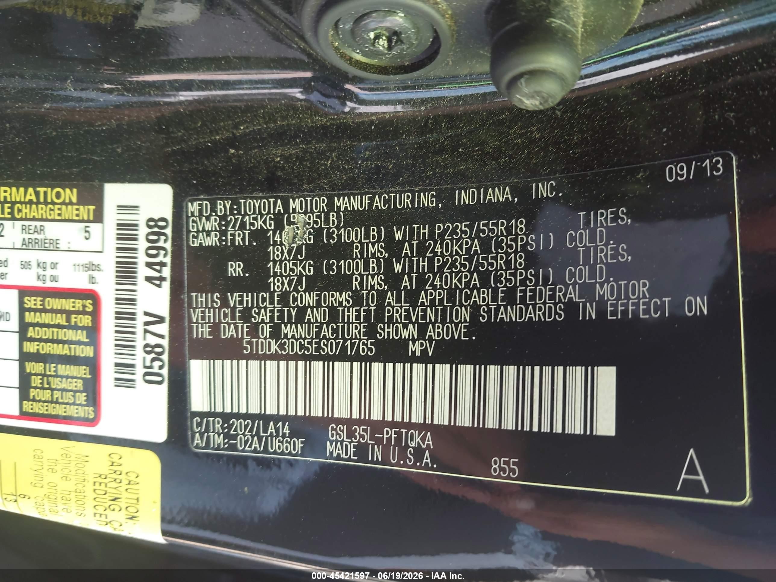2014 Toyota Sienna Limited 7 Passenger Black vin: 5TDDK3DC5ES071765