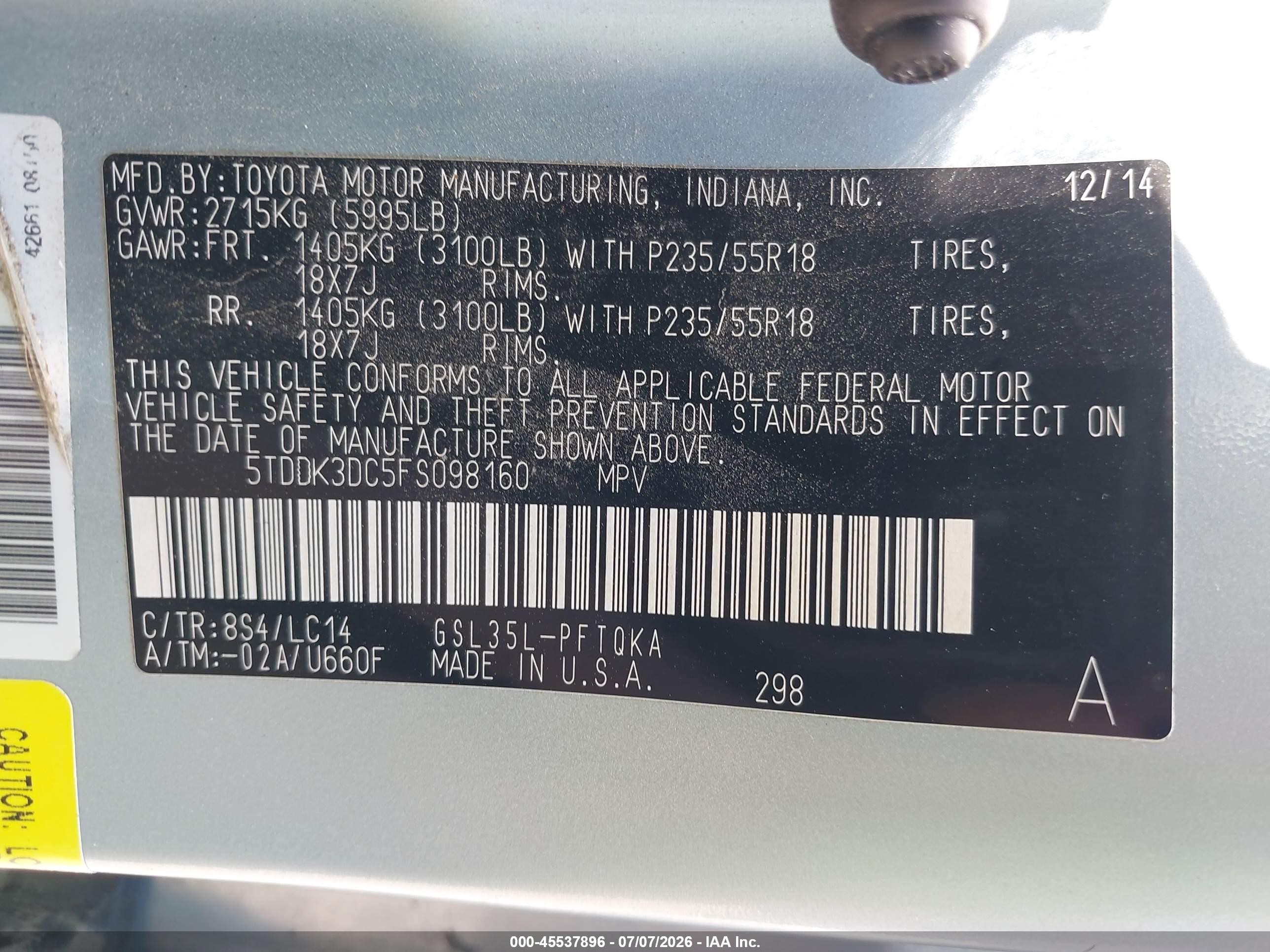 2015 Toyota Sienna Xle 7 Passenger Light Blue vin: 5TDDK3DC5FS098160
