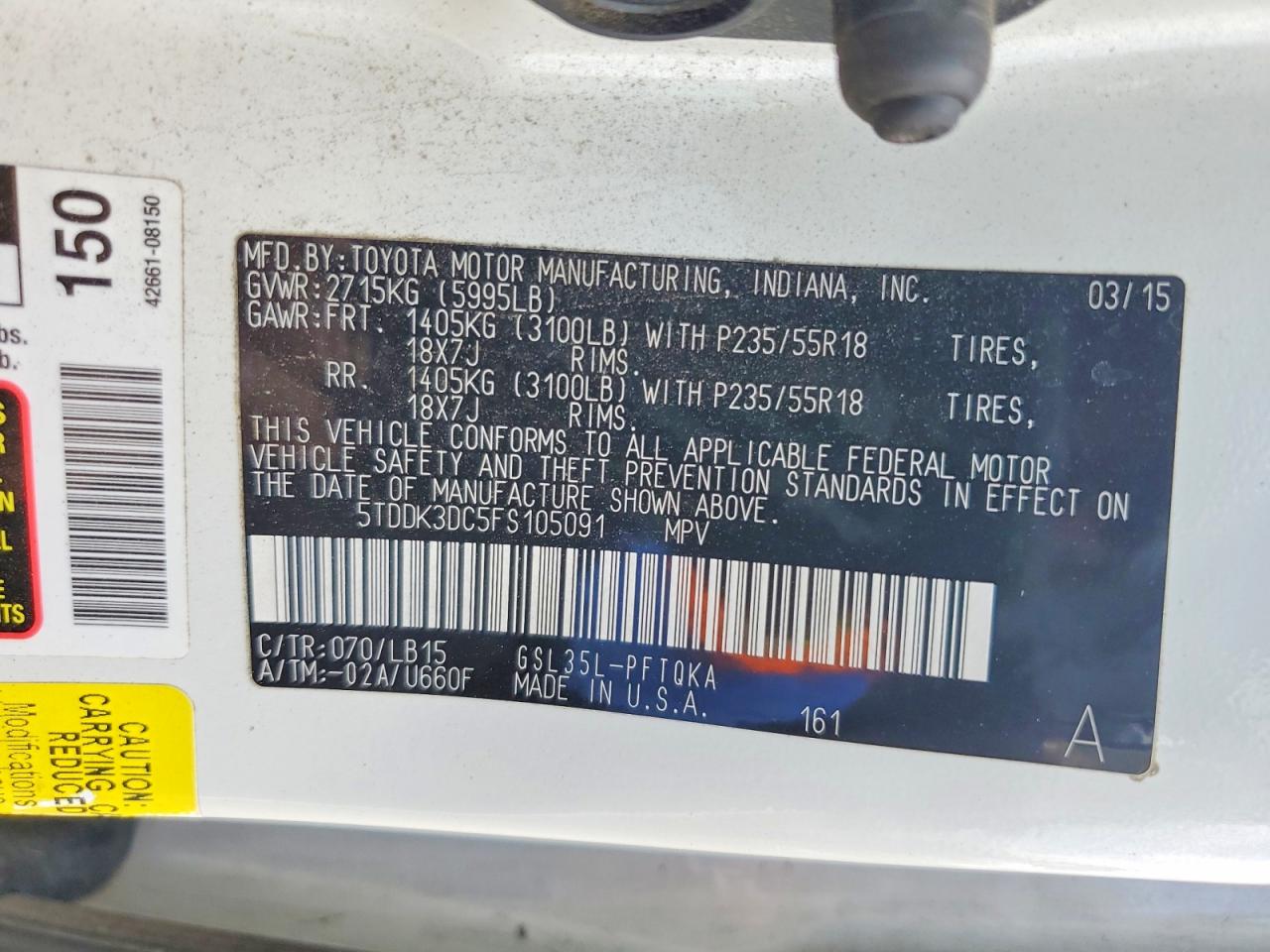 2015 Toyota Sienna Limited 7-passenger Белый vin: 5TDDK3DC5FS105091