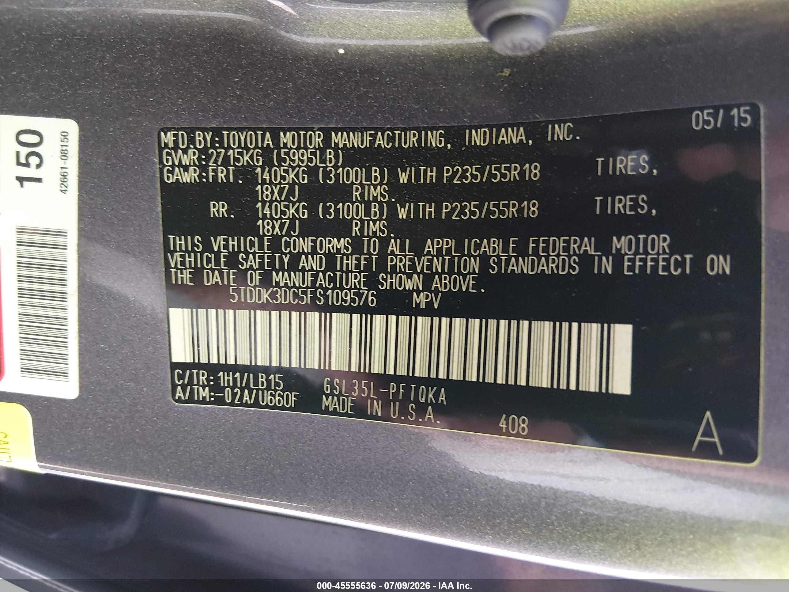 2015 Toyota Sienna Limited Premium 7 Passenger Gray vin: 5TDDK3DC5FS109576