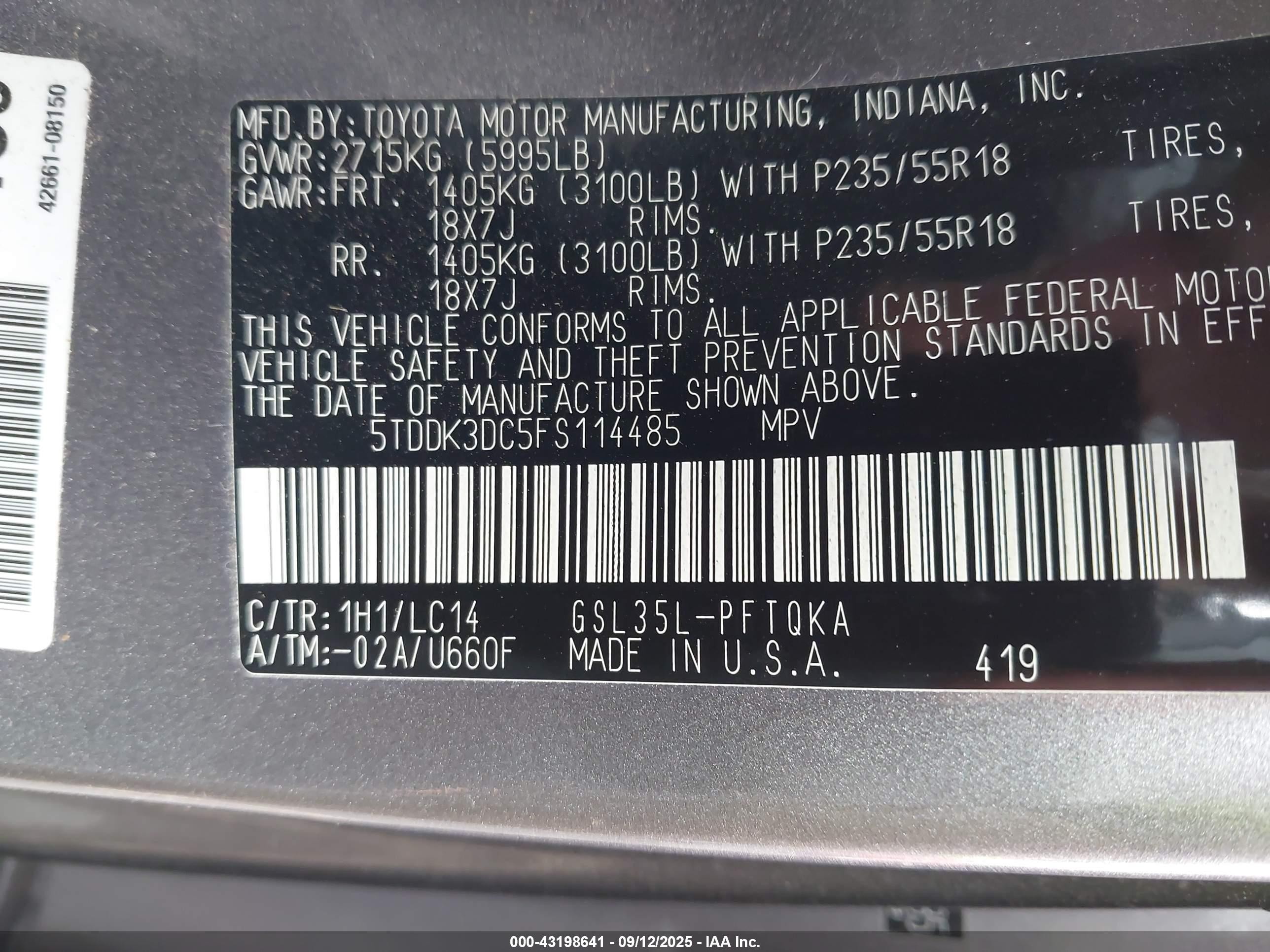 2015 Toyota Sienna Xle Premium 7 Passenger Gray vin: 5TDDK3DC5FS114485
