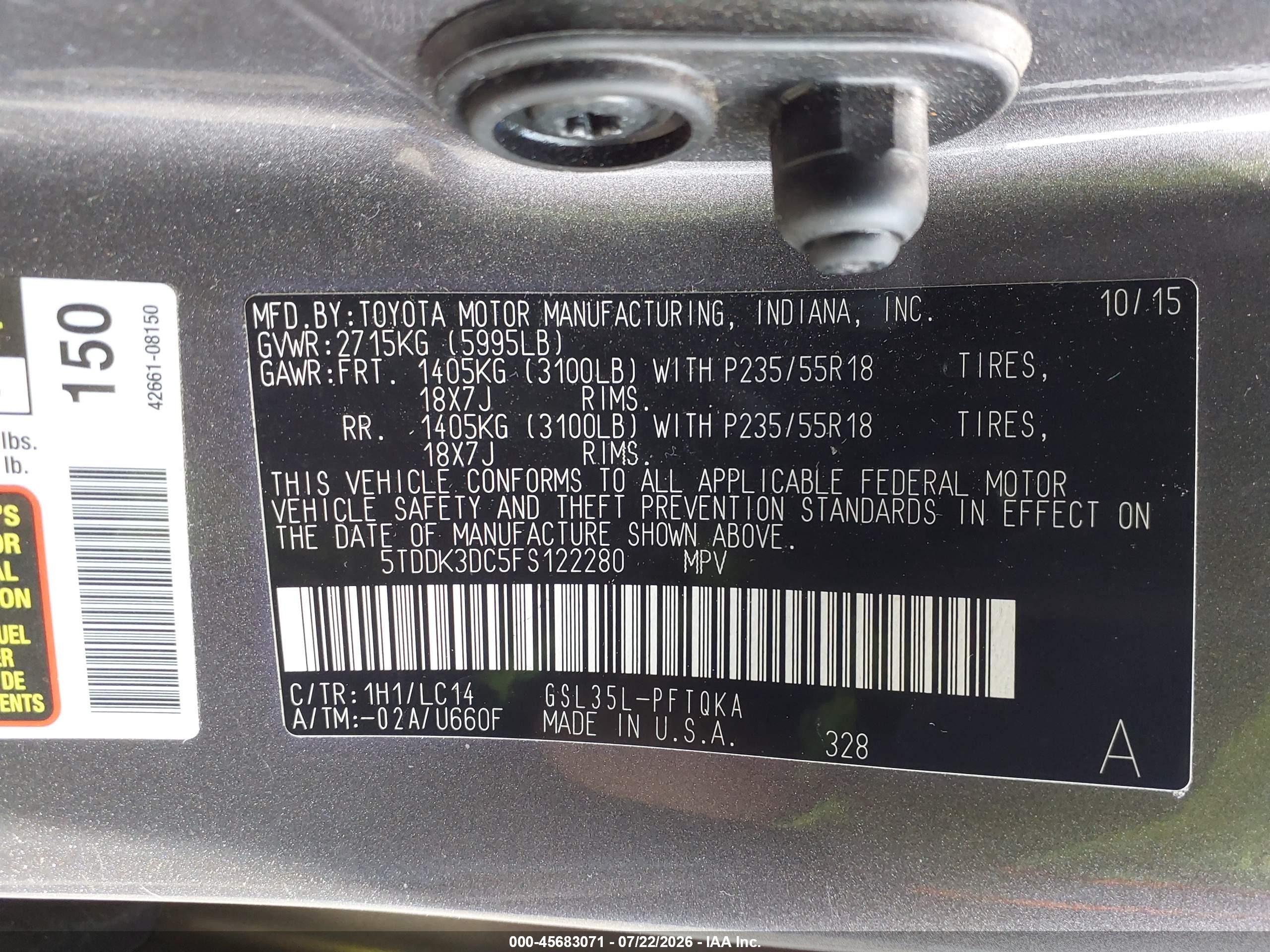 2015 Toyota Sienna Xle Premium 7 Passenger Gray vin: 5TDDK3DC5FS122280