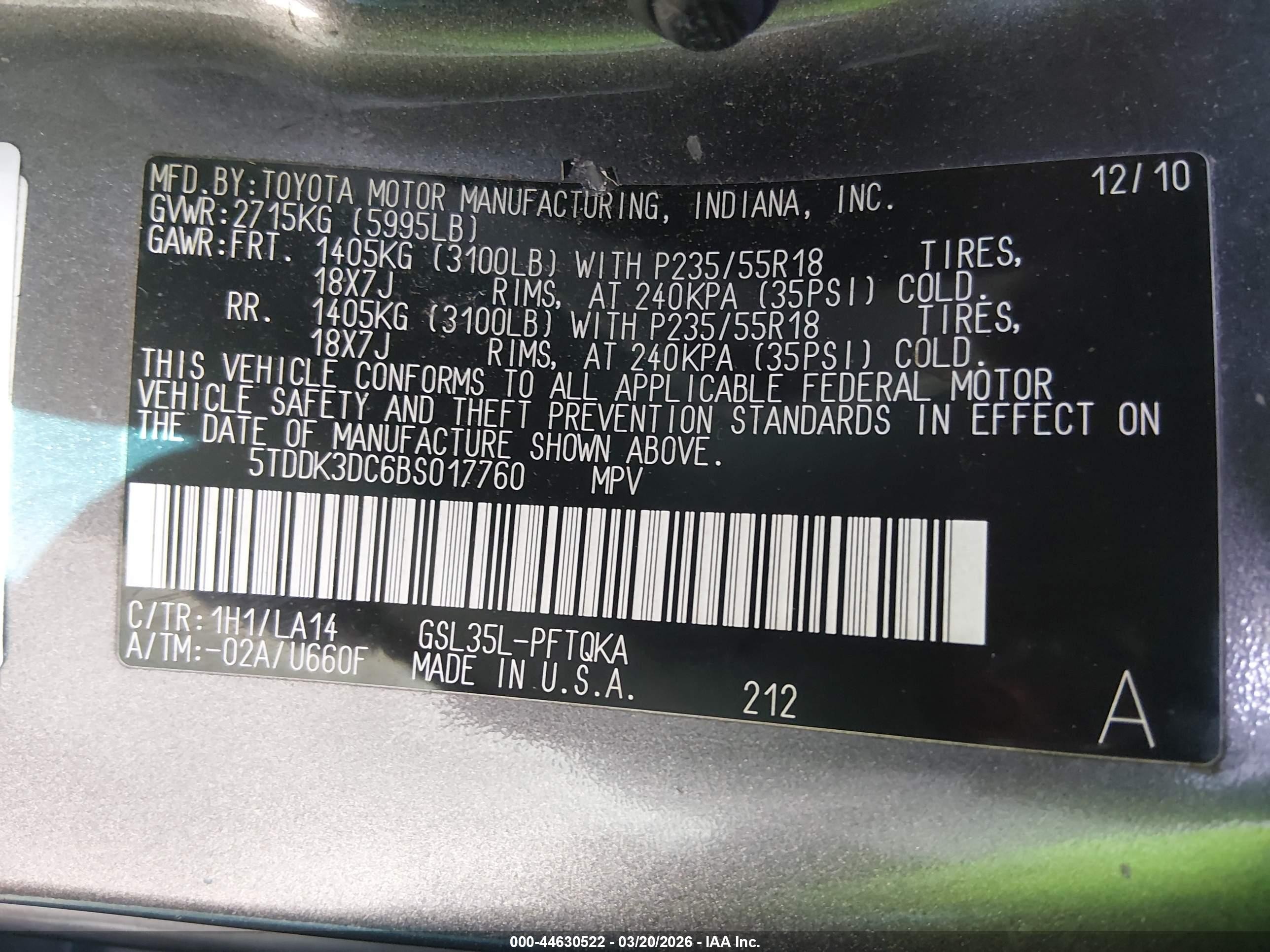 2011 Toyota Sienna Limited Gray vin: 5TDDK3DC6BS017760
