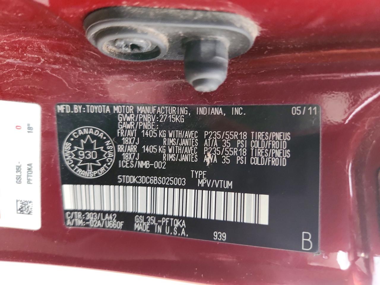 2011 Toyota Sienna Burgundy vin: 5TDDK3DC6BS025003