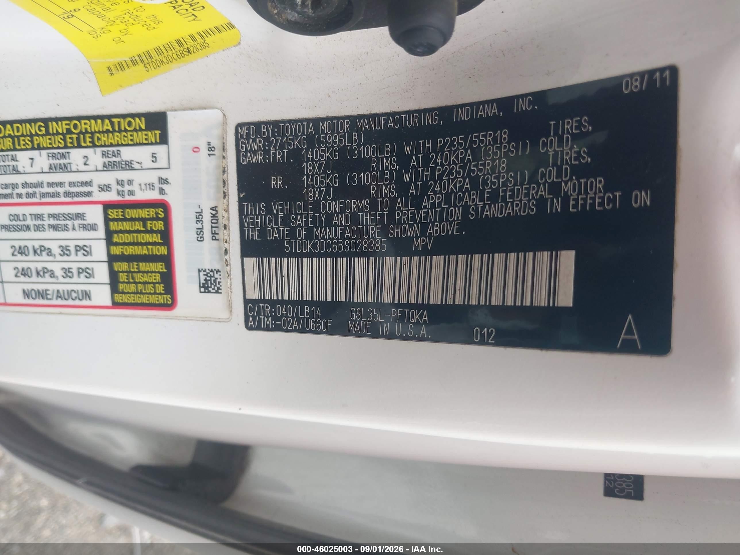 2011 Toyota Sienna Xle White vin: 5TDDK3DC6BS028385