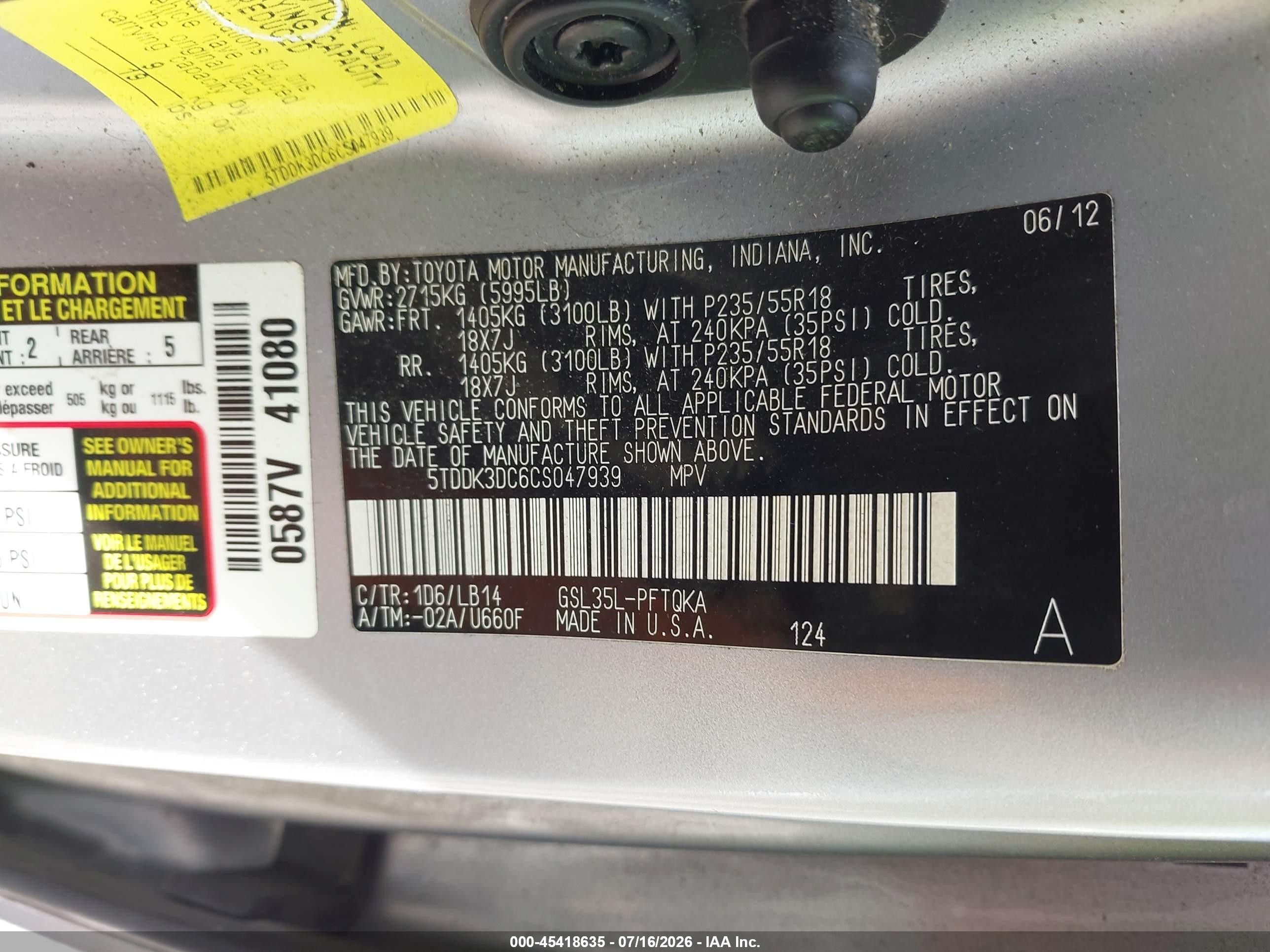 2012 Toyota Sienna Xle 7 Passenger Silver vin: 5TDDK3DC6CS047939