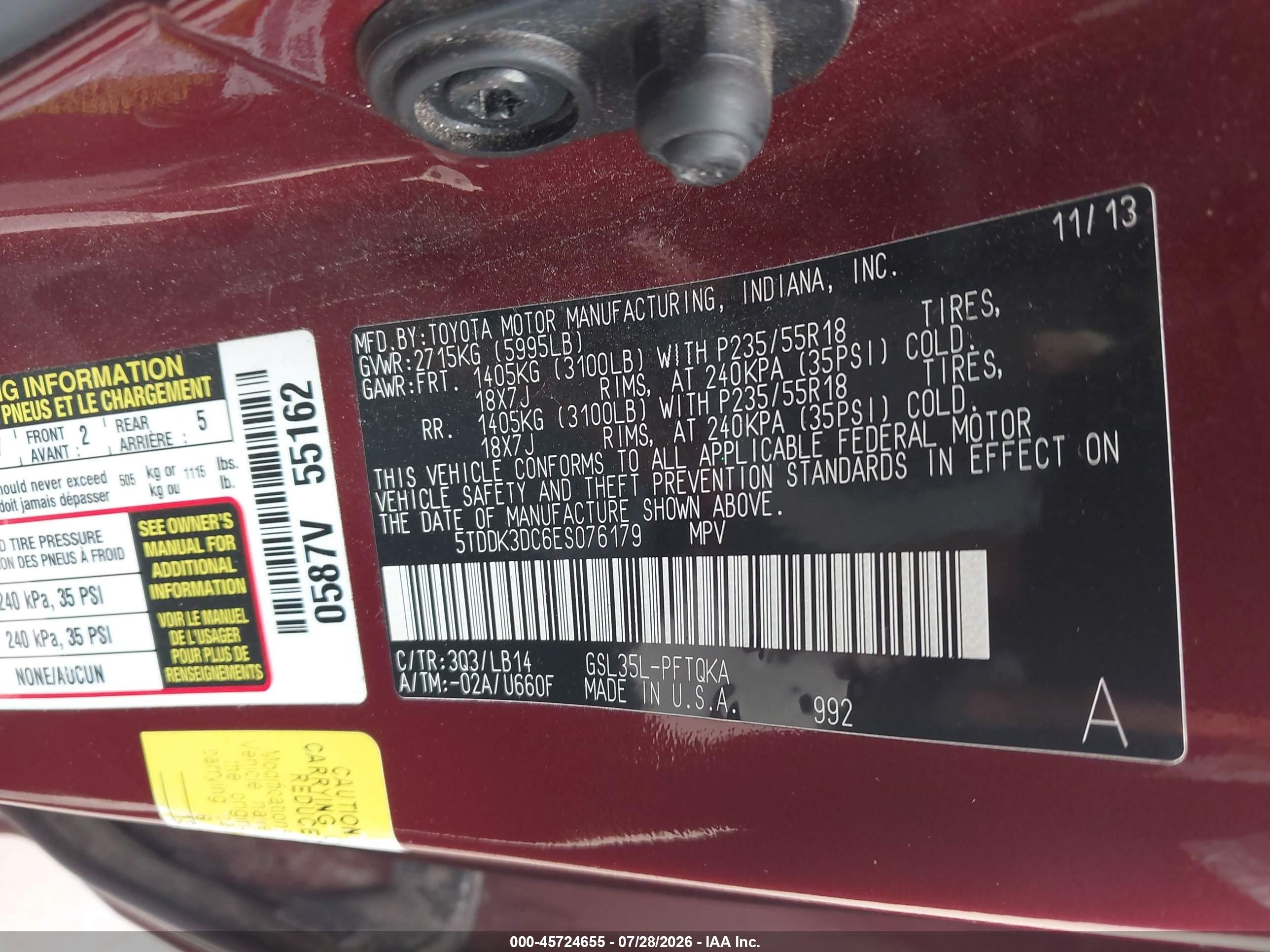 2014 Toyota Sienna Xle 7 Passenger Красный vin: 5TDDK3DC6ES076179