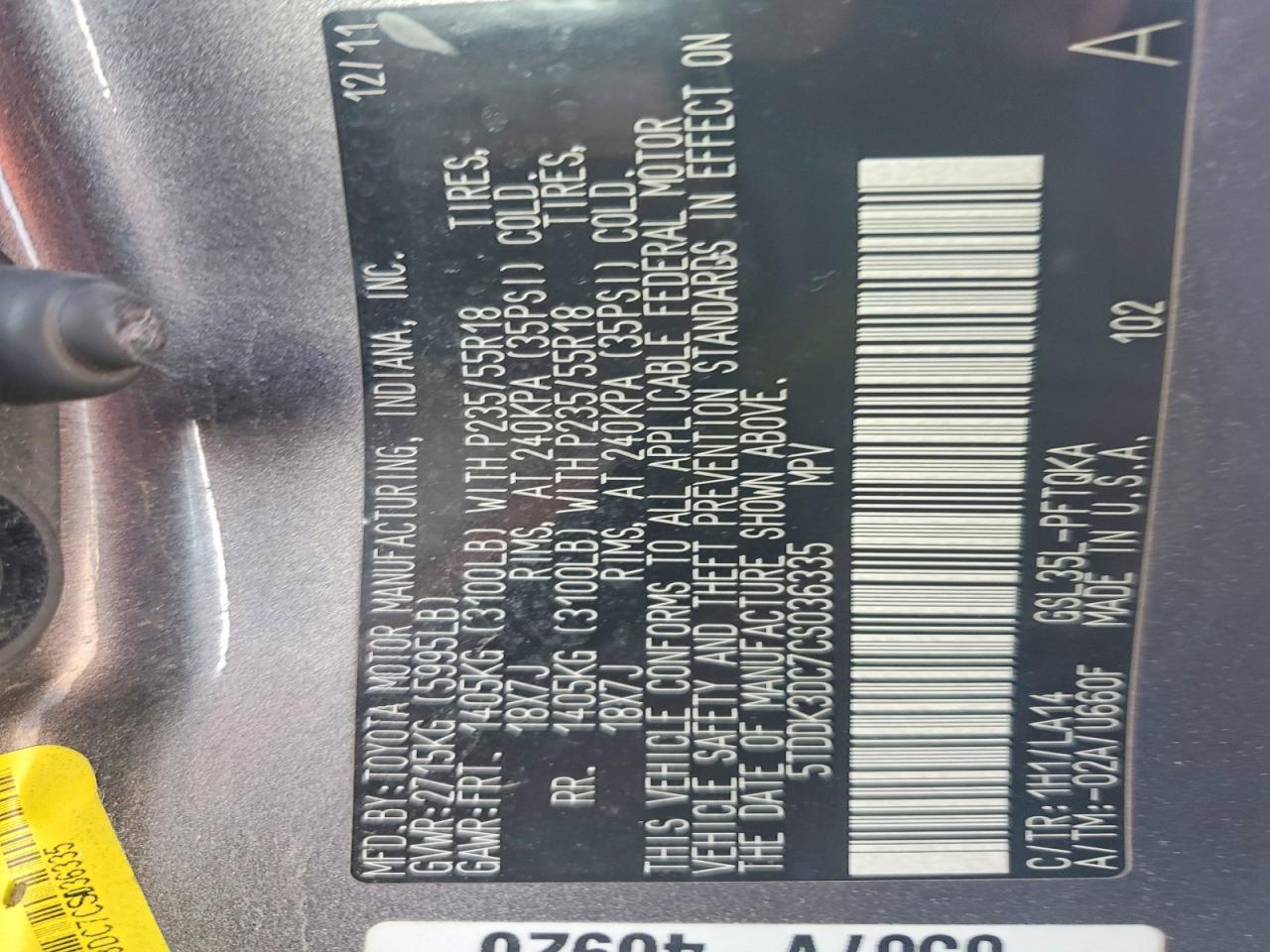 2012 Toyota Sienna Limited 7-passenger Charcoal vin: 5TDDK3DC7CS036335