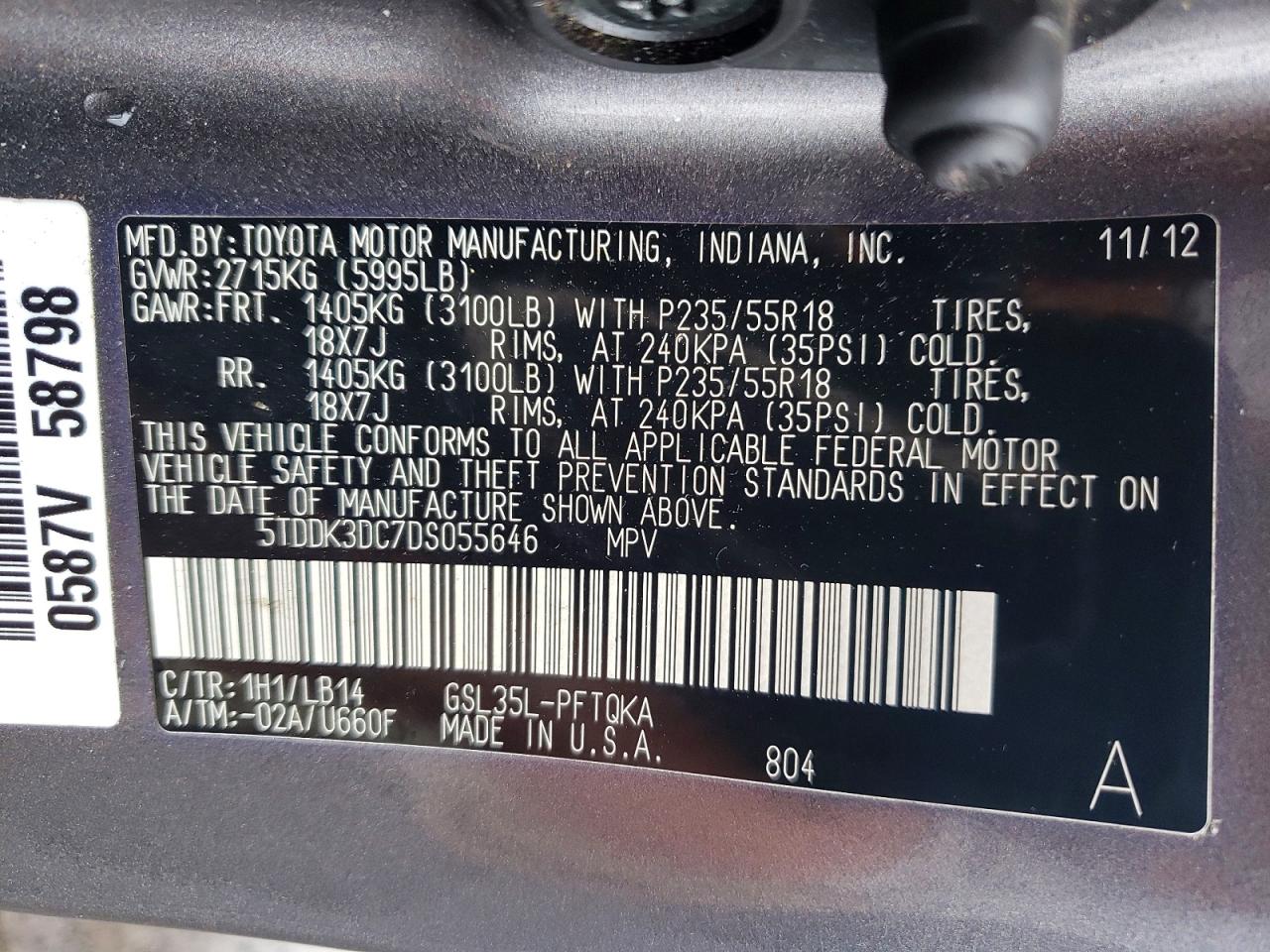 2013 Toyota Sienna Xle 7-passenger Серый vin: 5TDDK3DC7DS055646