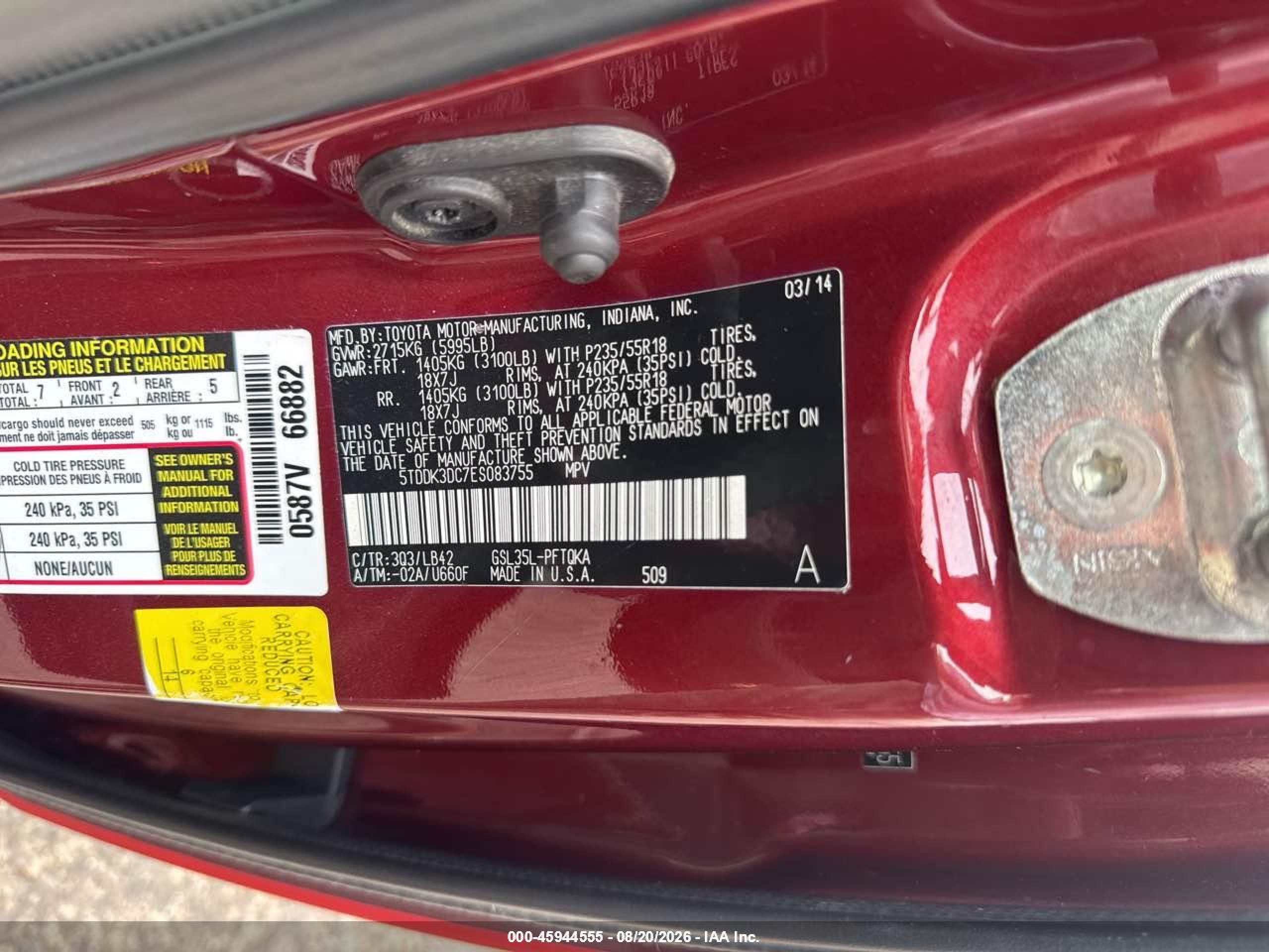 2014 Toyota Sienna Xle 7 Passenger Red vin: 5TDDK3DC7ES083755