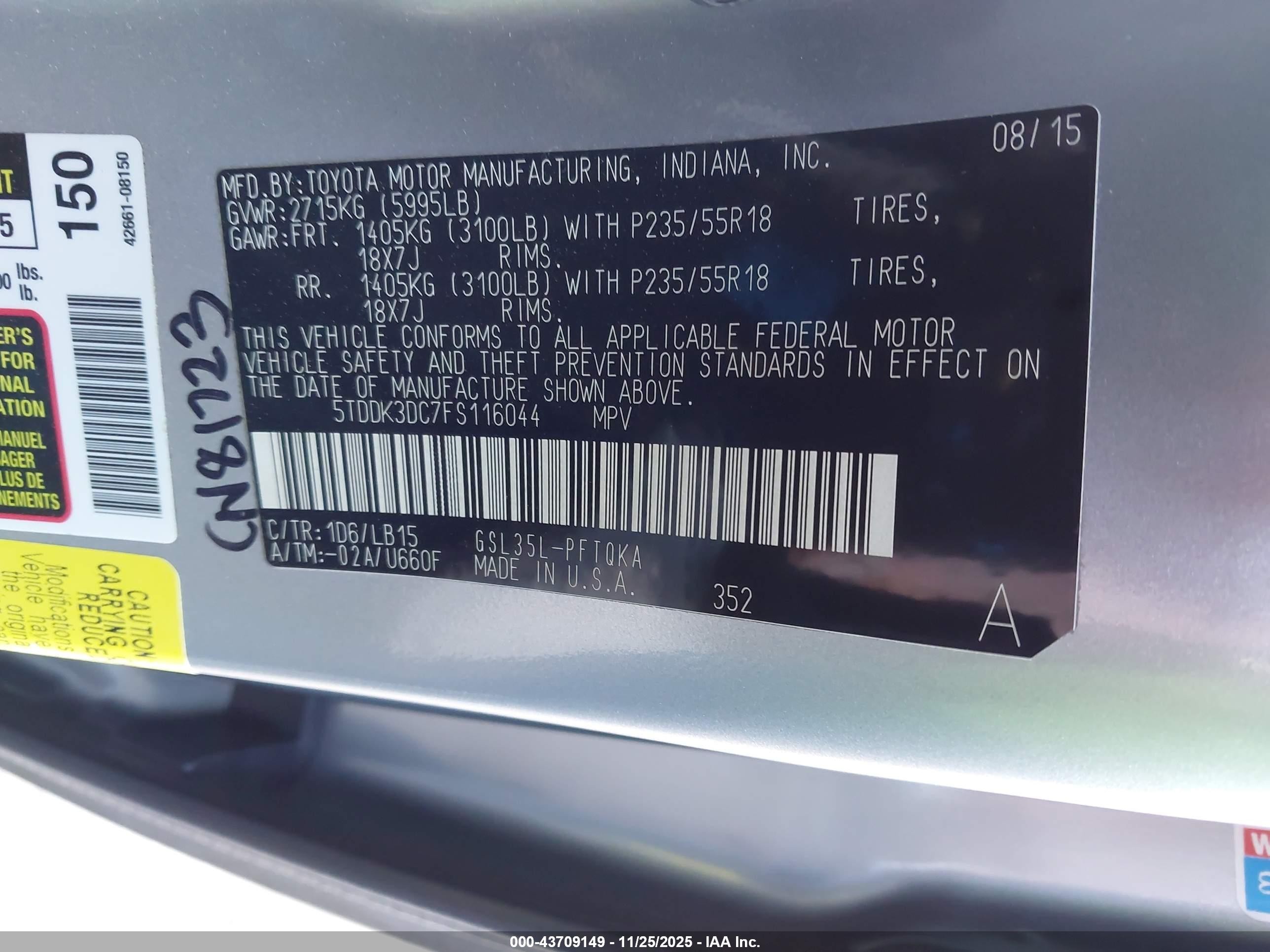 2015 Toyota Sienna Limited Premium 7 Passenger Серебряный vin: 5TDDK3DC7FS116044