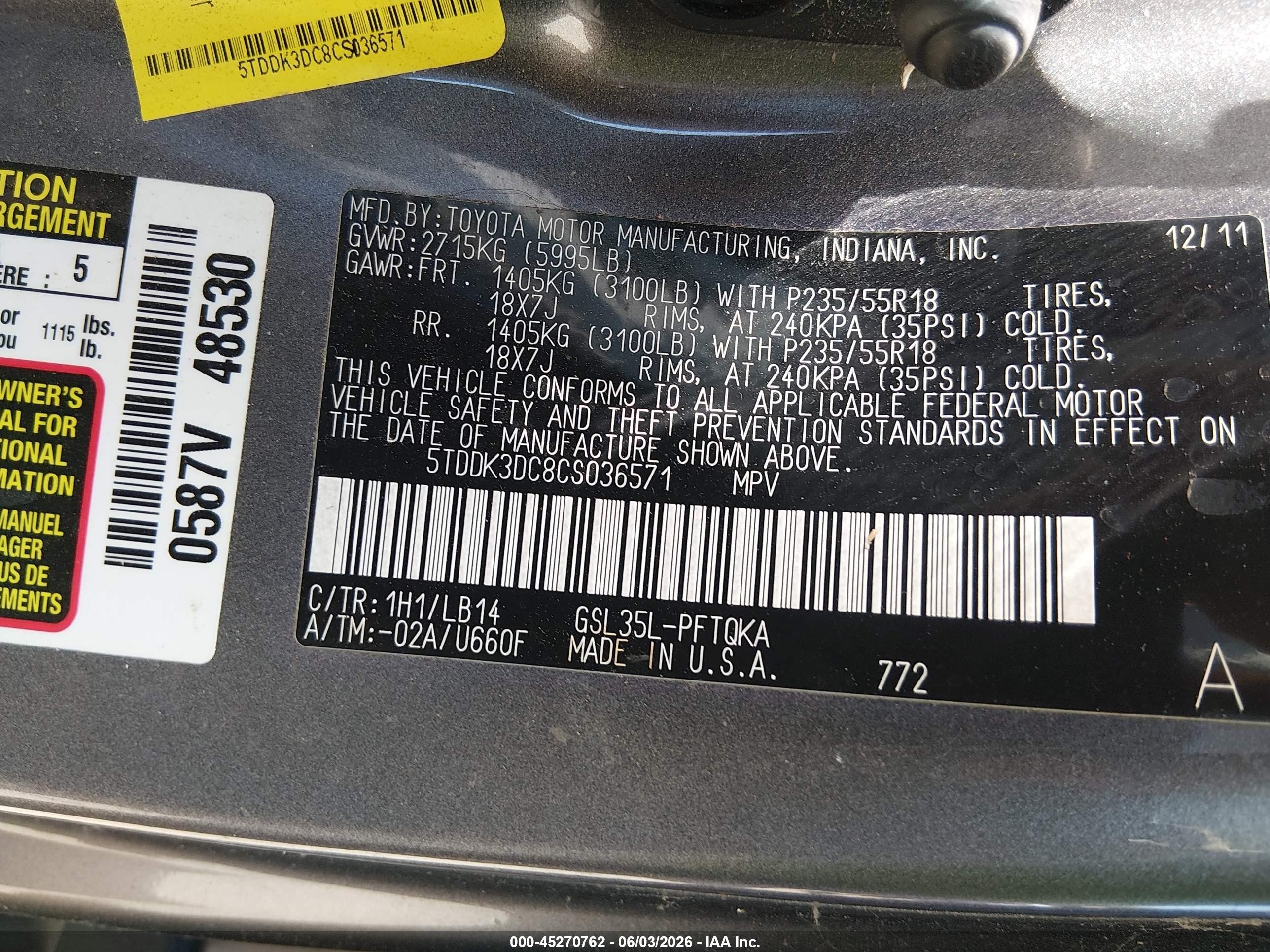 2012 Toyota Sienna Xle 7 Passenger Gray vin: 5TDDK3DC8CS036571