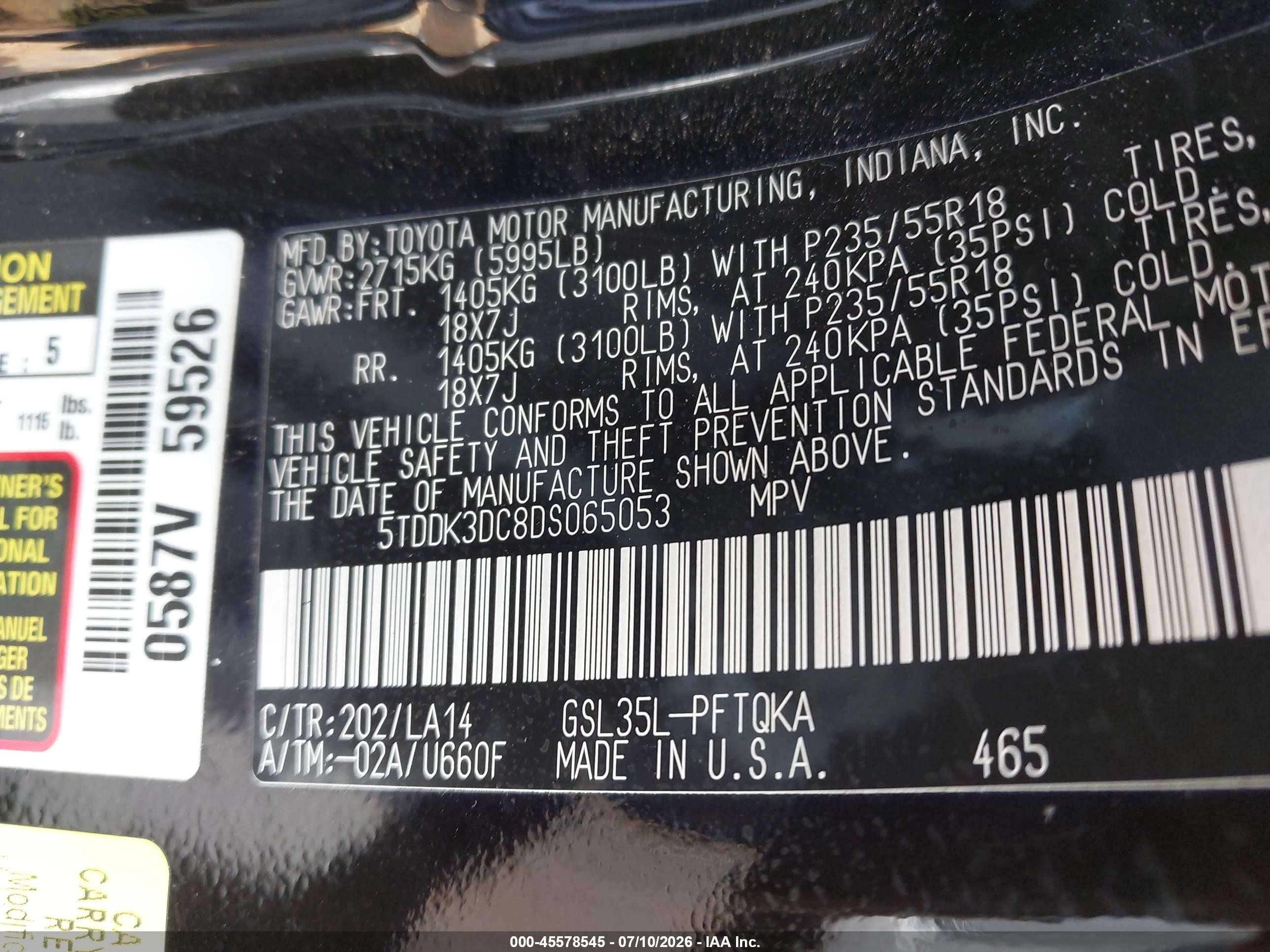 2013 Toyota Sienna Limited 7 Passenger Black vin: 5TDDK3DC8DS065053