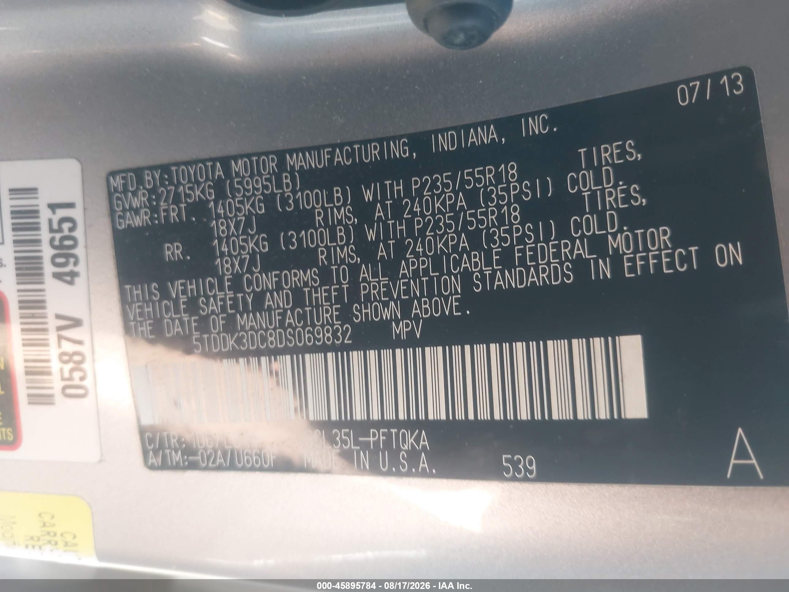 2013 Toyota Sienna Xle 7 Passenger Silver vin: 5TDDK3DC8DS069832