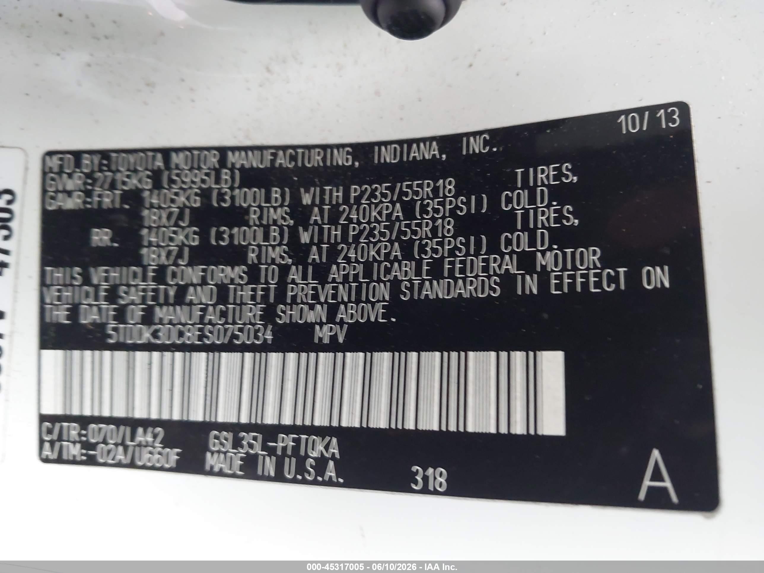 2014 Toyota Sienna Limited 7 Passenger White vin: 5TDDK3DC8ES075034