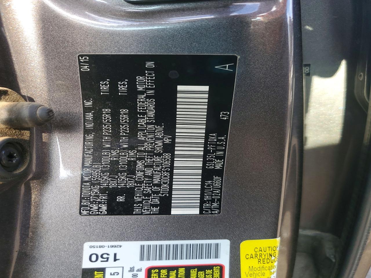 2015 Toyota Sienna Xle Premium 7-passenger Gray vin: 5TDDK3DC8FS106588