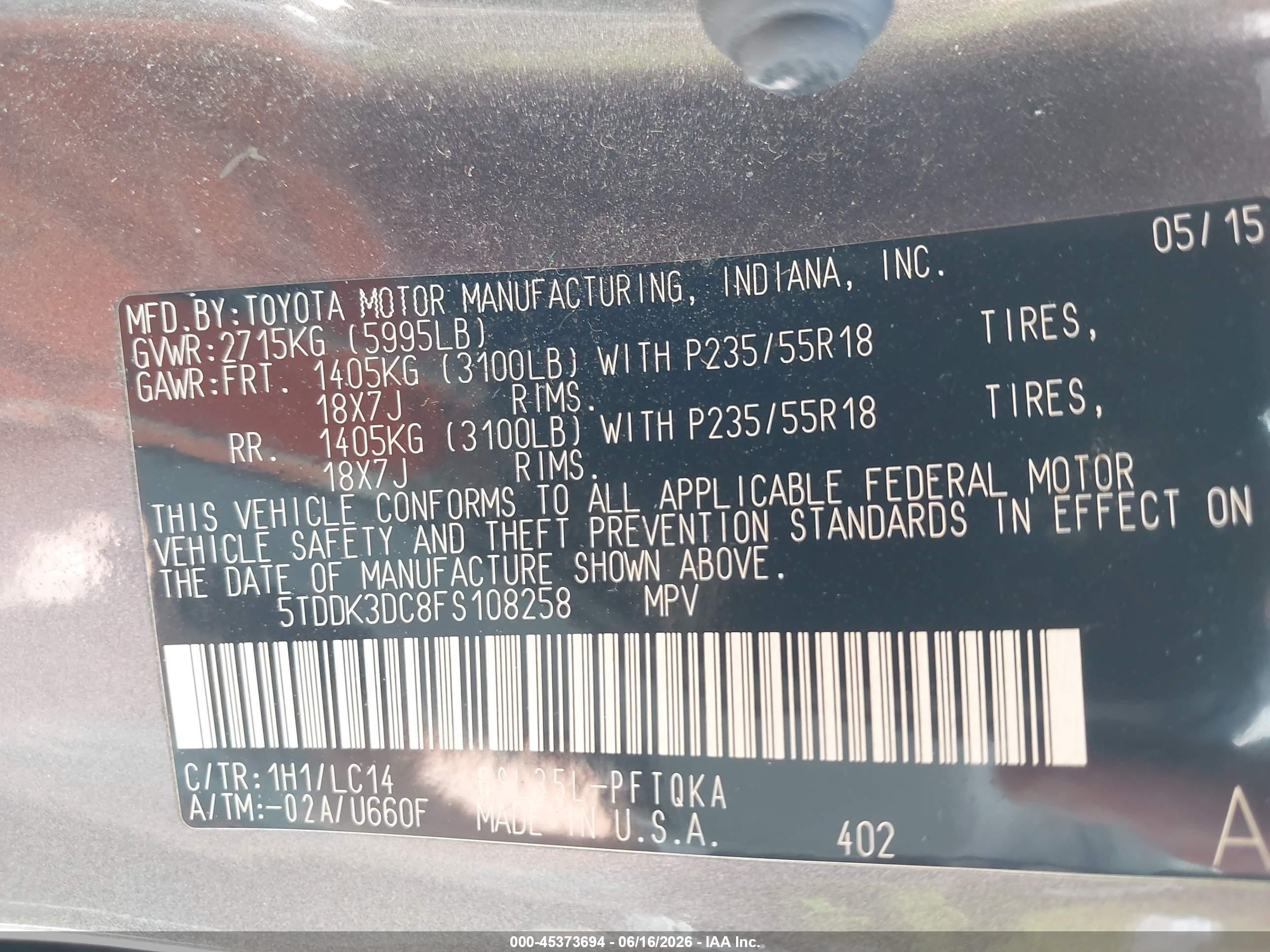 2015 Toyota Sienna Xle 7 Passenger Gray vin: 5TDDK3DC8FS108258