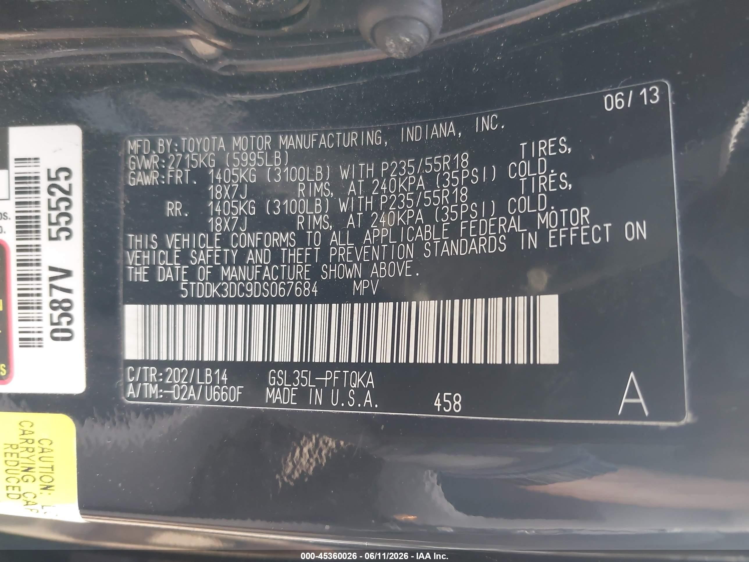 2013 Toyota Sienna Xle 7 Passenger Black vin: 5TDDK3DC9DS067684