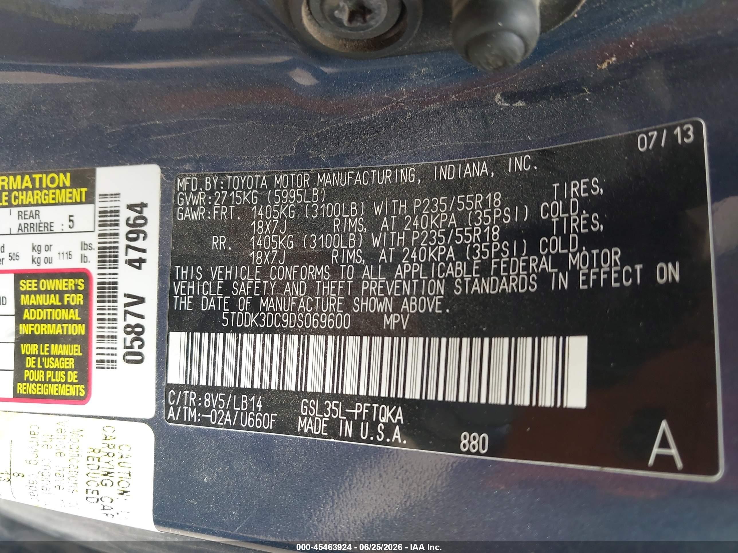 2013 Toyota Sienna Xle 7 Passenger Blue vin: 5TDDK3DC9DS069600