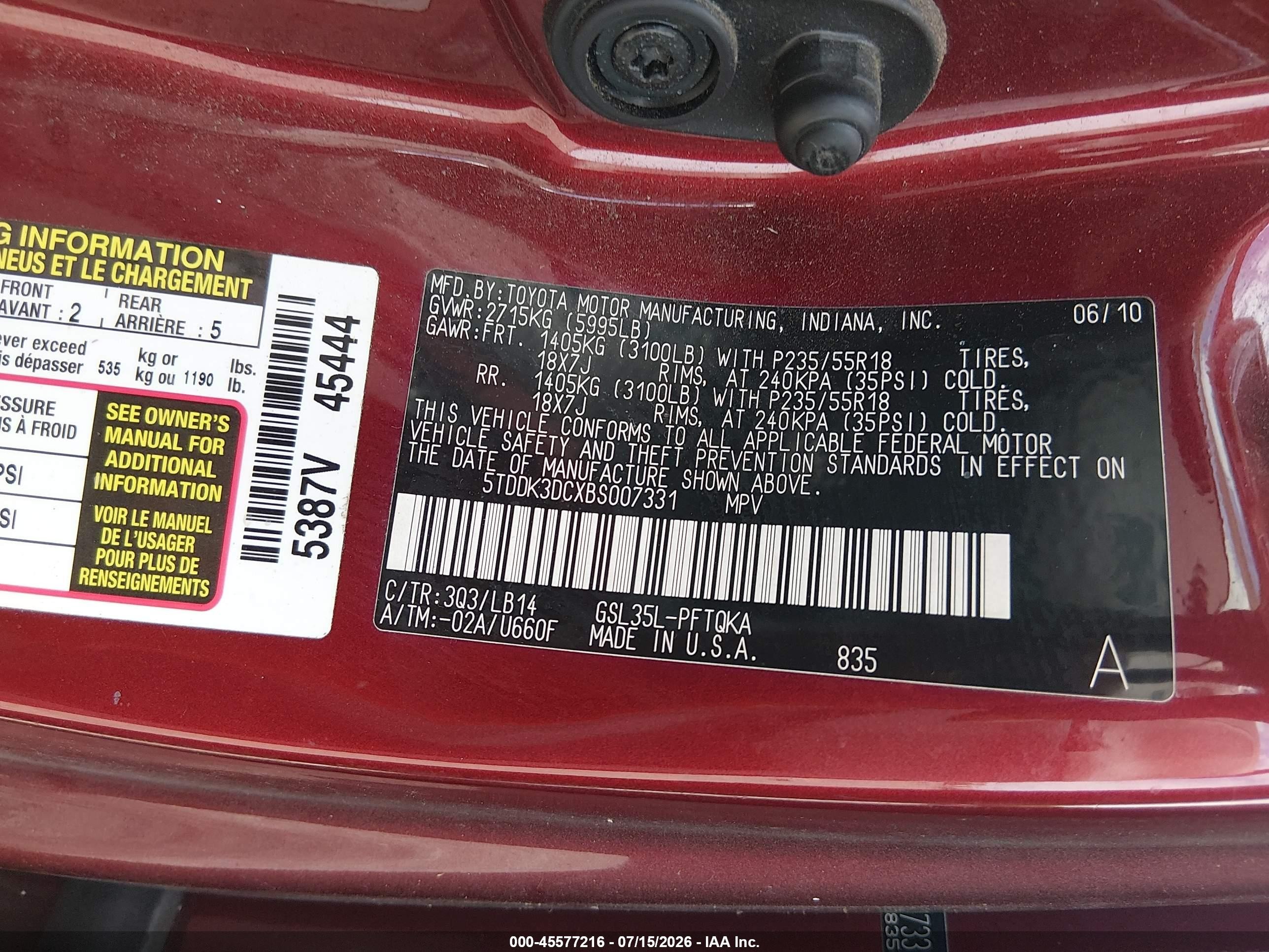 2011 Toyota Sienna Xle Green vin: 5TDDK3DCXBS007331