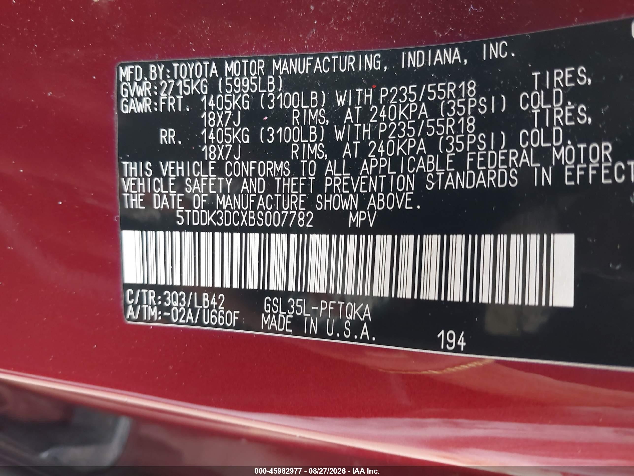 2011 Toyota Sienna Xle Red vin: 5TDDK3DCXBS007782