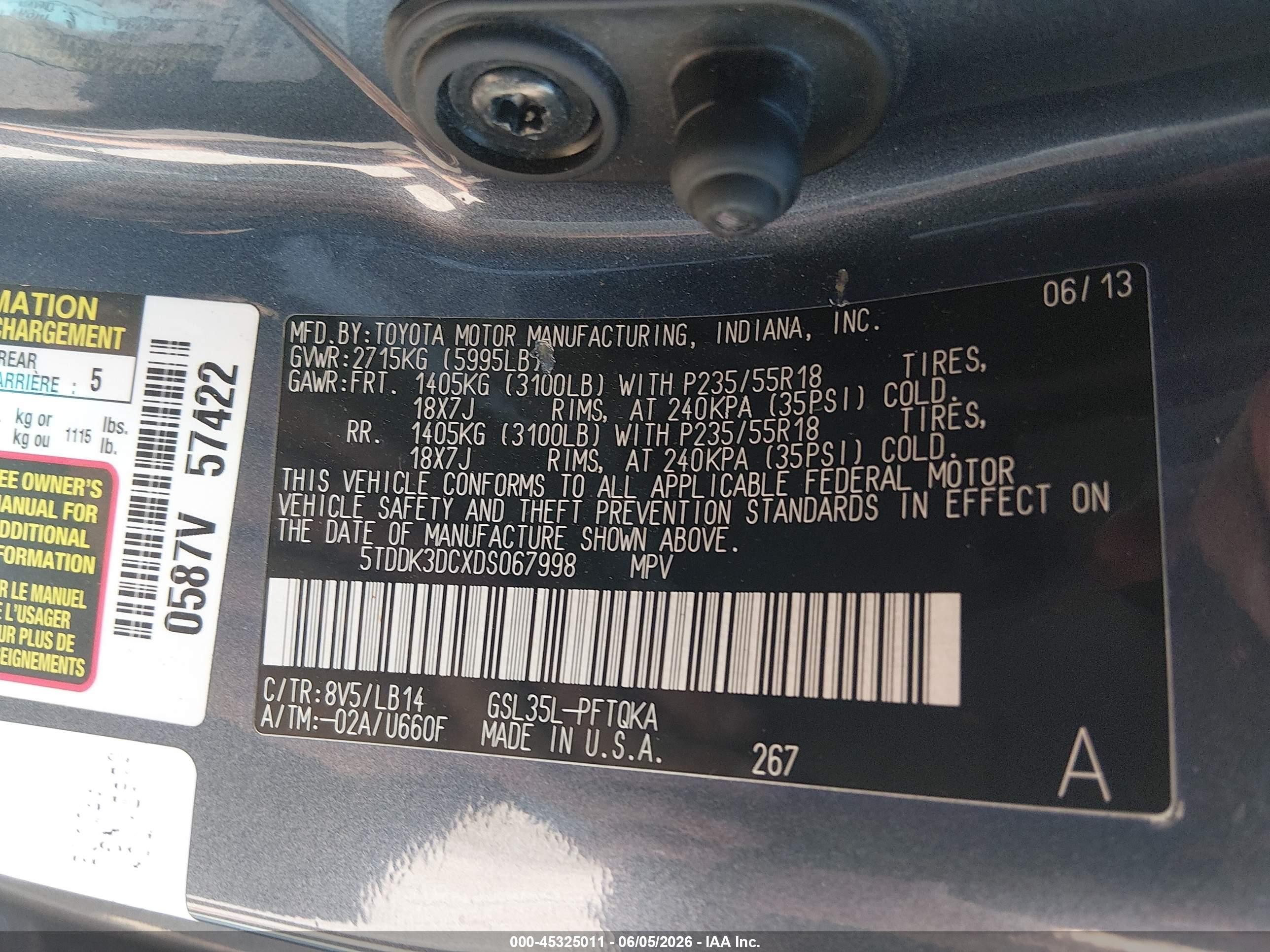 2013 Toyota Sienna Xle 7 Passenger Blue vin: 5TDDK3DCXDS067998