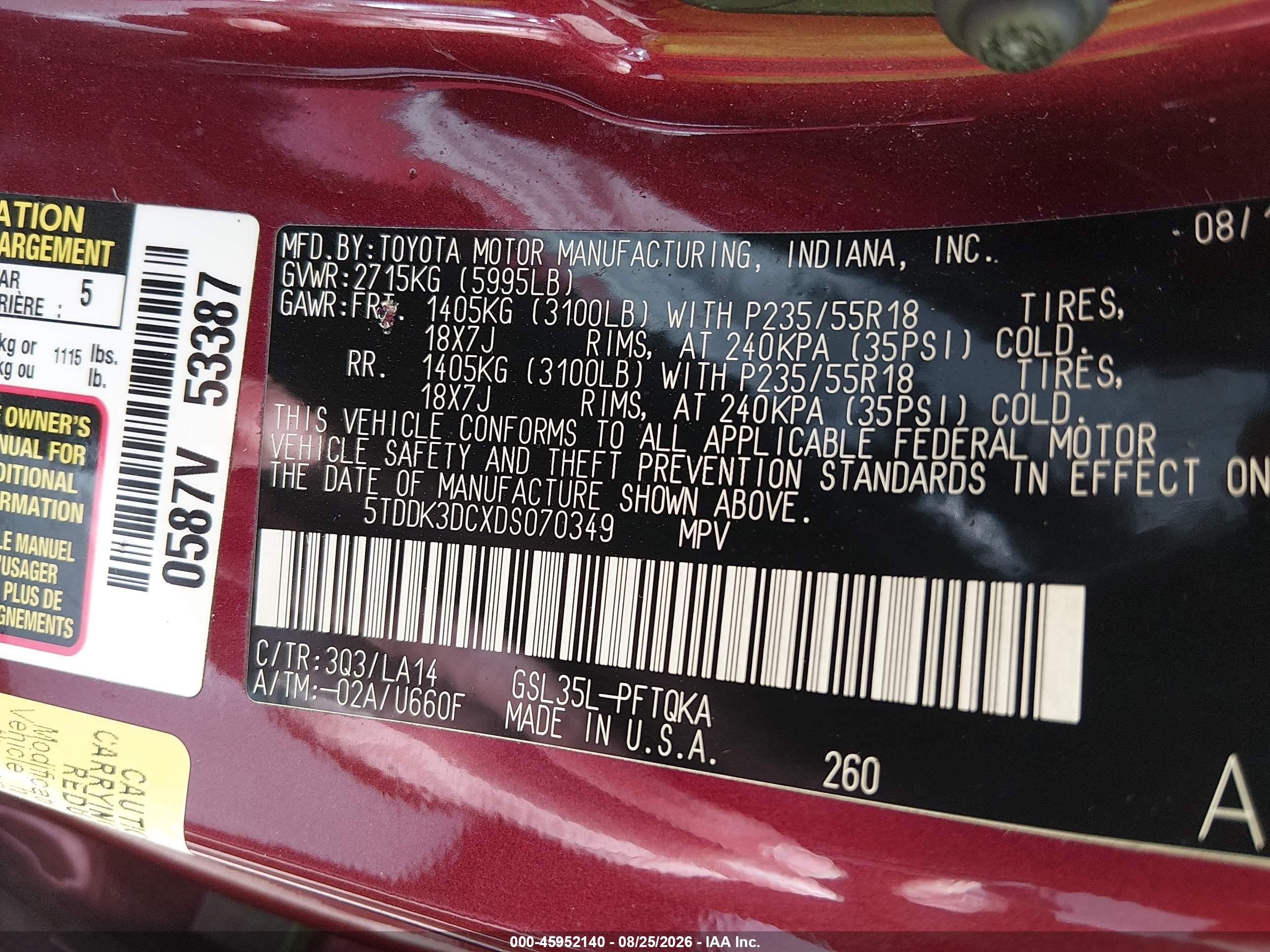 2013 Toyota Sienna Limited 7 Passenger Burgundy vin: 5TDDK3DCXDS070349