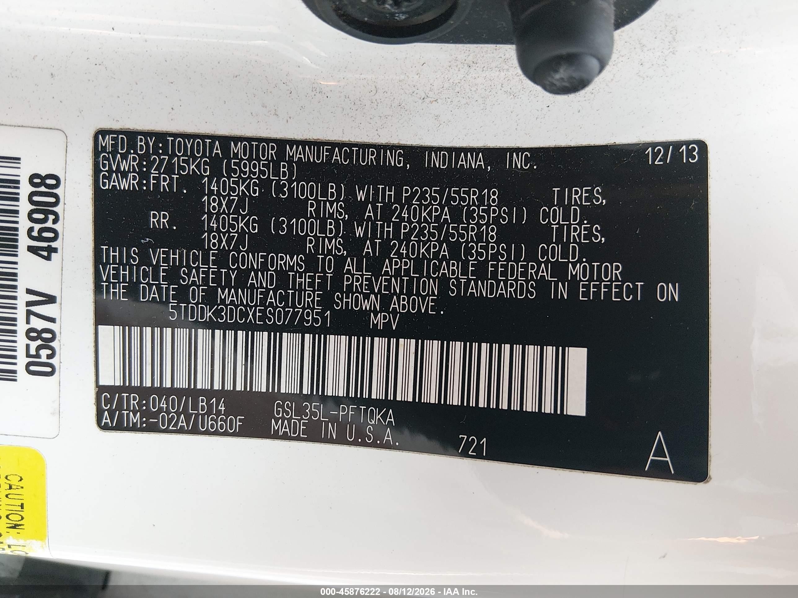 2014 Toyota Sienna Xle 7 Passenger White vin: 5TDDK3DCXES077951
