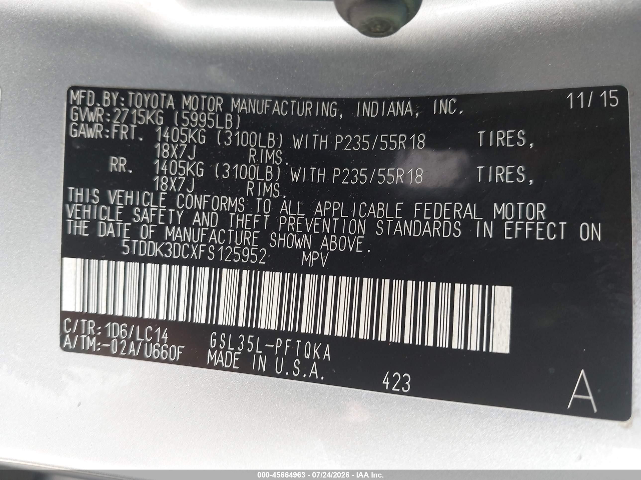 2015 Toyota Sienna Xle Premium 7 Passenger Silver vin: 5TDDK3DCXFS125952